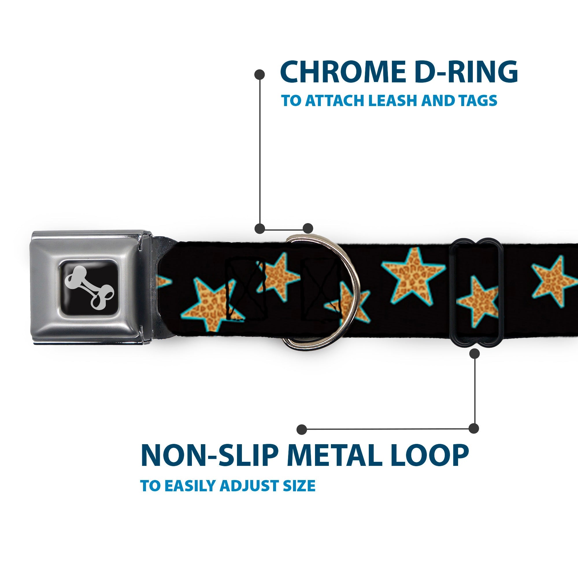 Dog Bone Seatbelt Buckle Collar - Multi Stars Black/Leopard/Baby Blue Outline