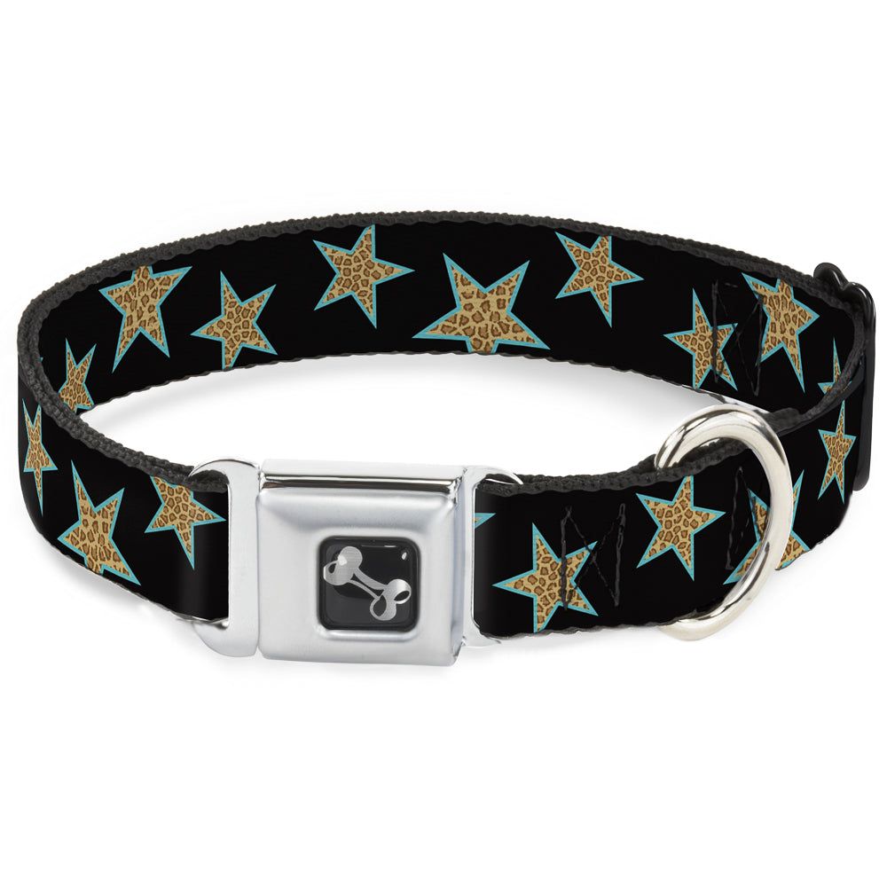 Dog Bone Seatbelt Buckle Collar - Multi Stars Black/Leopard/Baby Blue Outline