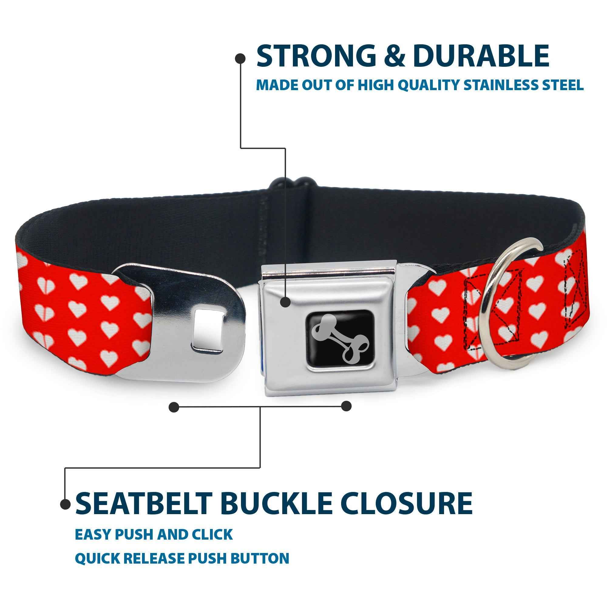 Buckle-Down Mini Hearts Monogram Red/White Seatbelt Buckle Dog Collar