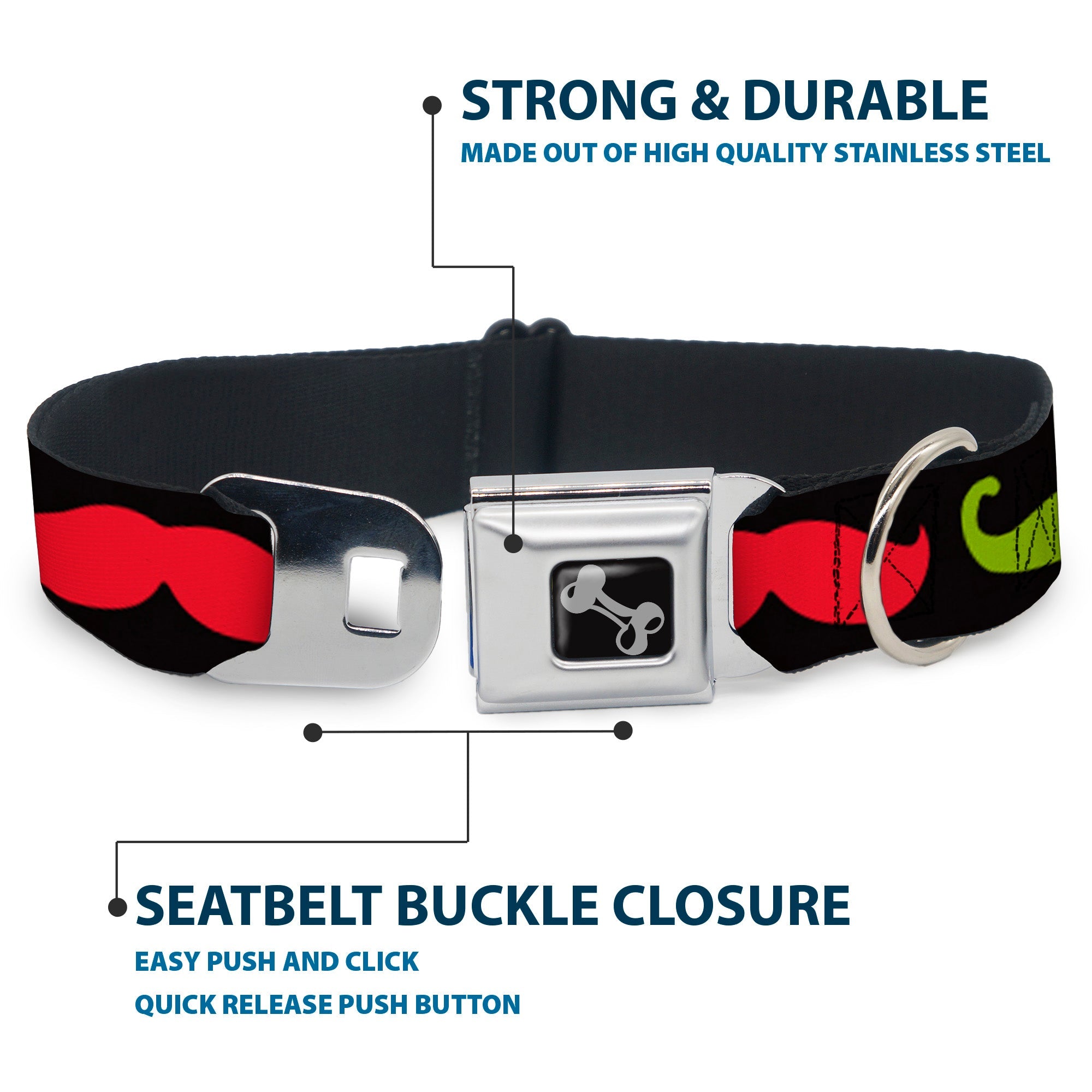 Dog Bone Seatbelt Buckle Collar - Mustaches-4 Black/Multi Color