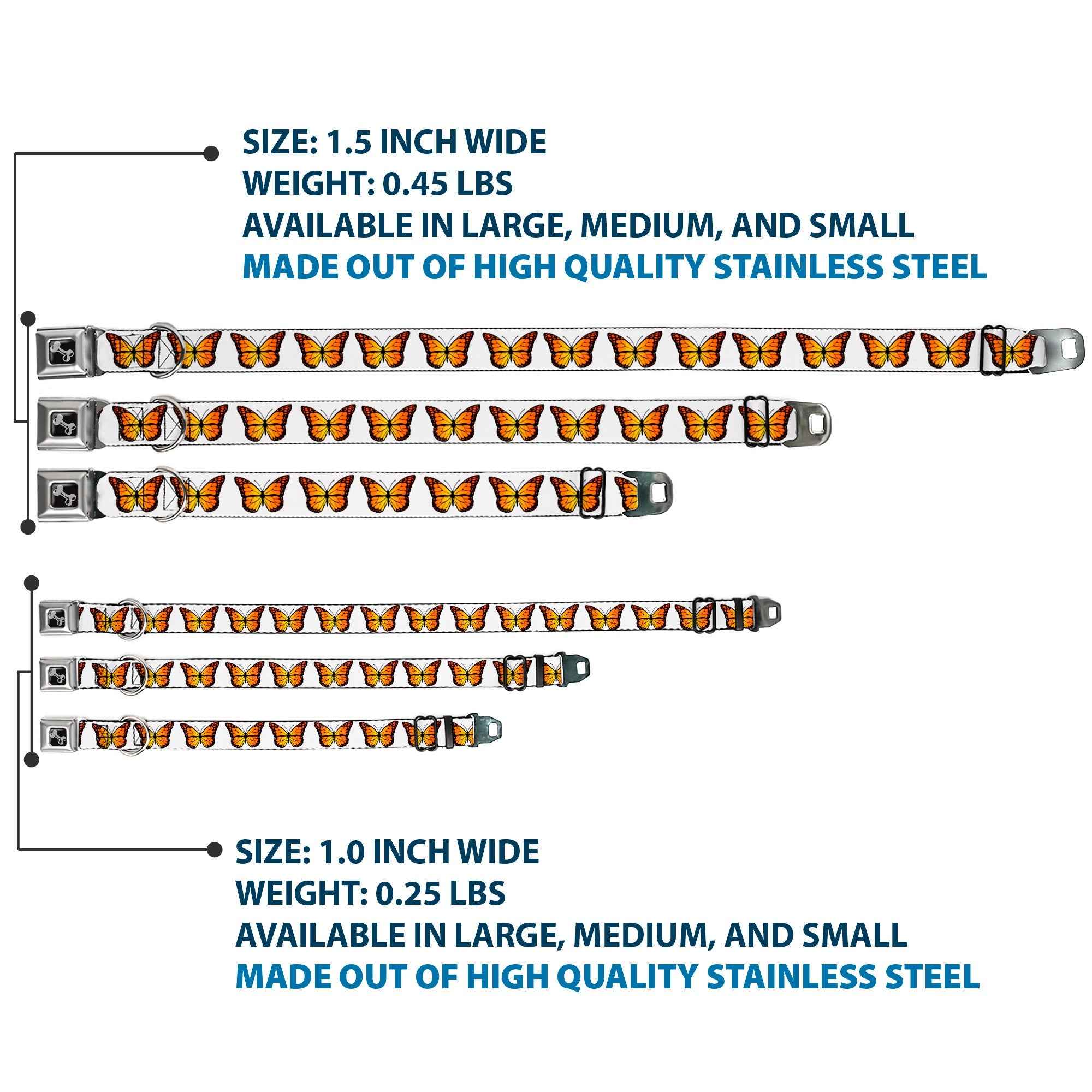 Buckle-Down Dog Bone Black/Silver Seatbelt Buckle Dog Collar - Monarch Butterfly Repeat White
