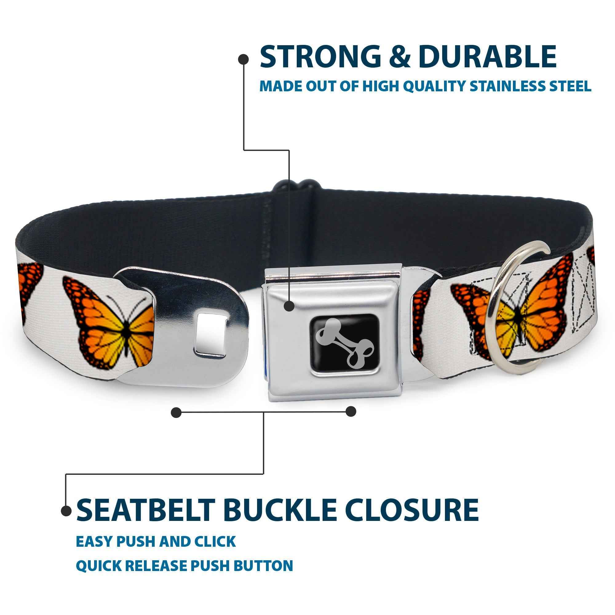 Buckle-Down Dog Bone Black/Silver Seatbelt Buckle Dog Collar - Monarch Butterfly Repeat White