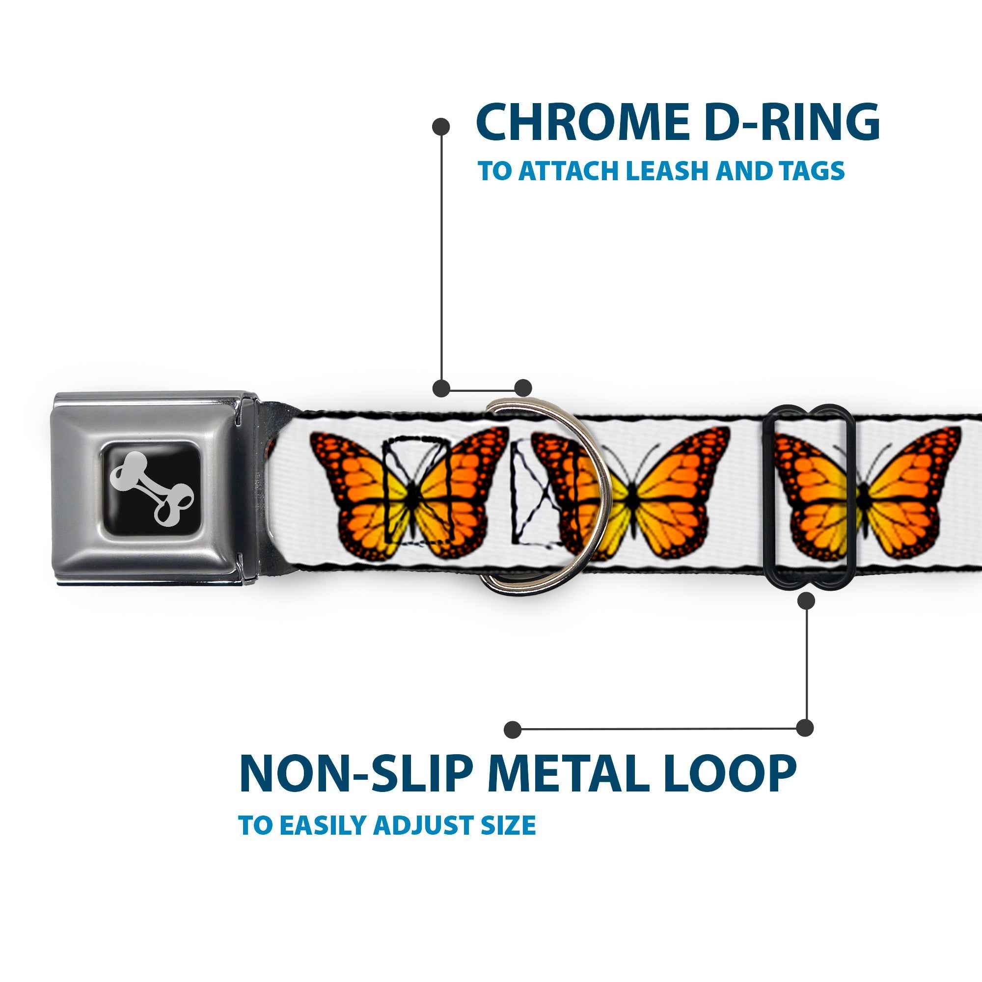 Buckle-Down Dog Bone Black/Silver Seatbelt Buckle Dog Collar - Monarch Butterfly Repeat White