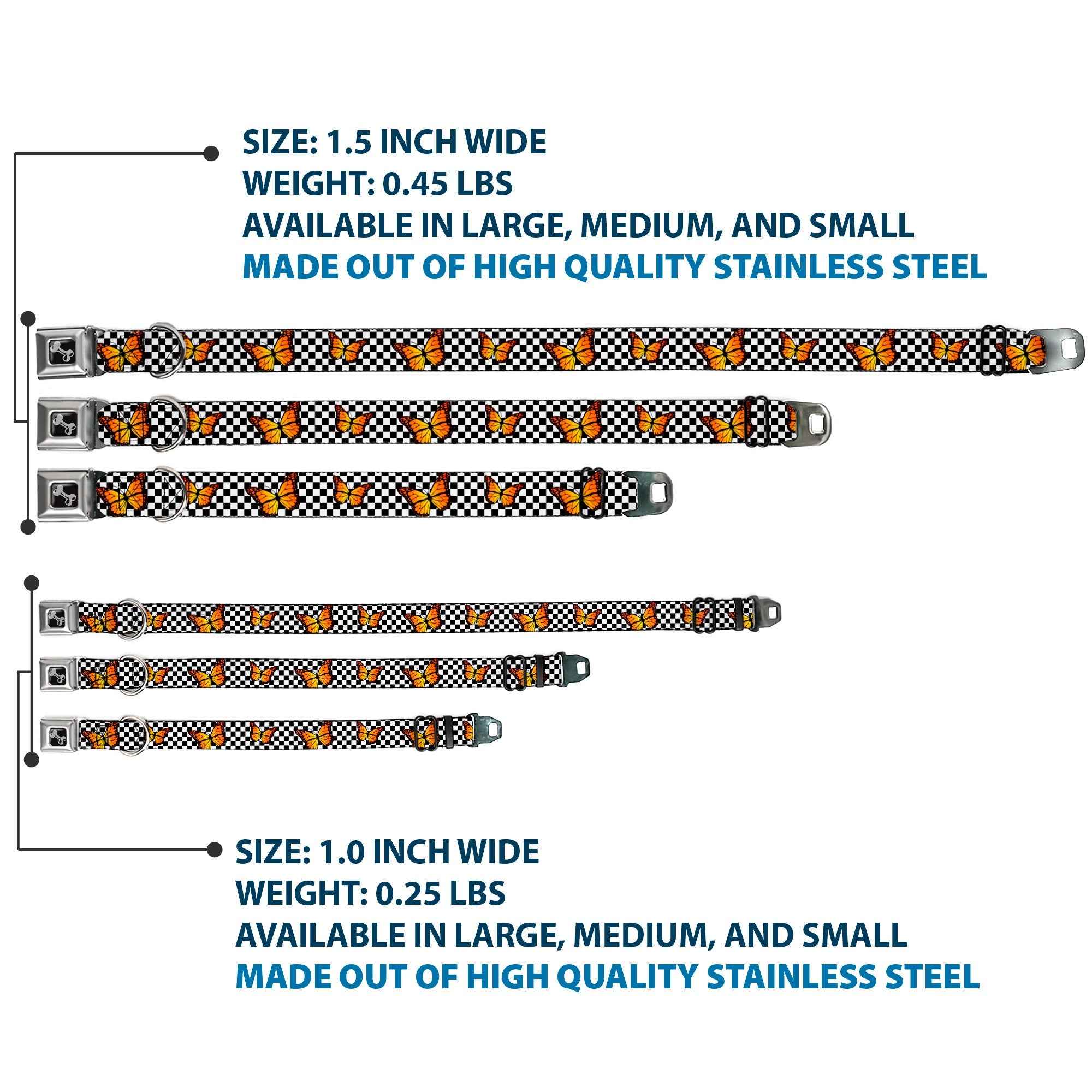 Buckle-Down Dog Bone Black/Silver Seatbelt Buckle Dog Collar - Monarch Butterfly Scattered Checker Black/White