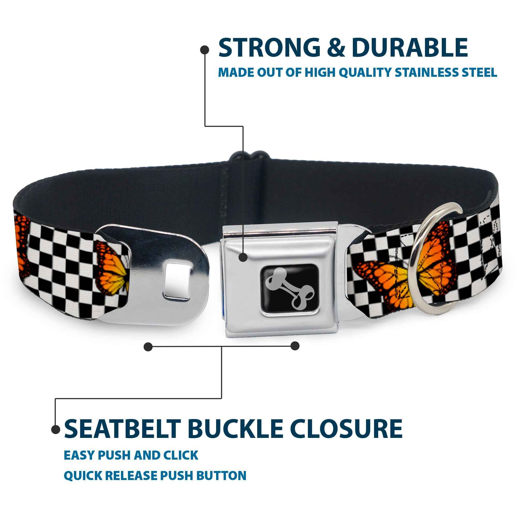 Buckle-Down Dog Bone Black/Silver Seatbelt Buckle Dog Collar - Monarch Butterfly Scattered Checker Black/White