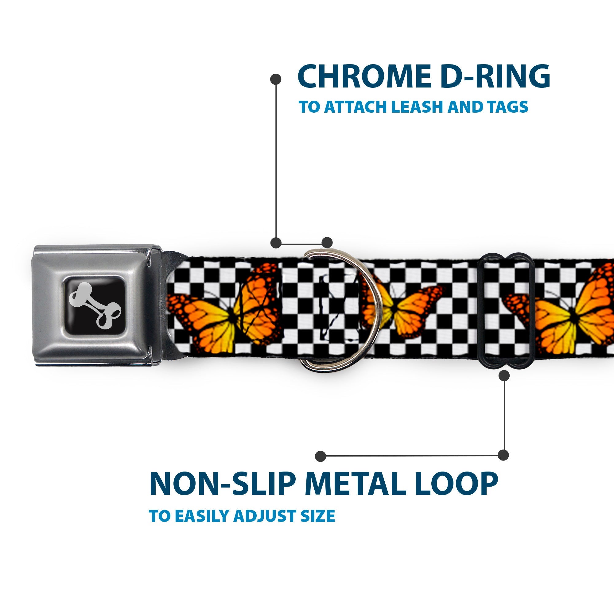 Buckle-Down Dog Bone Black/Silver Seatbelt Buckle Dog Collar - Monarch Butterfly Scattered Checker Black/White