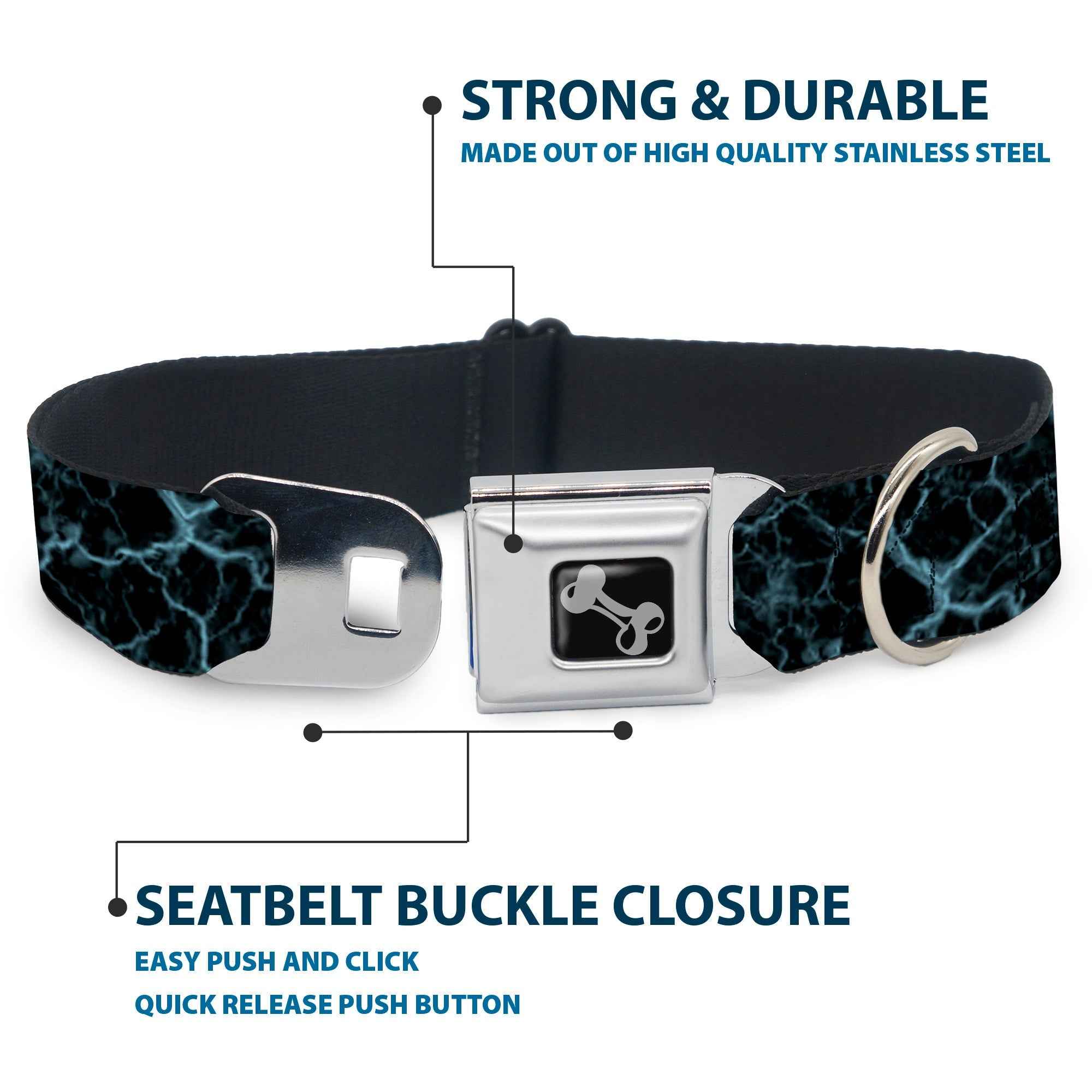 Buckle-Down Dog Bone Black/Silver Seatbelt Buckle Dog Collar - Marble Black/Baby Blue