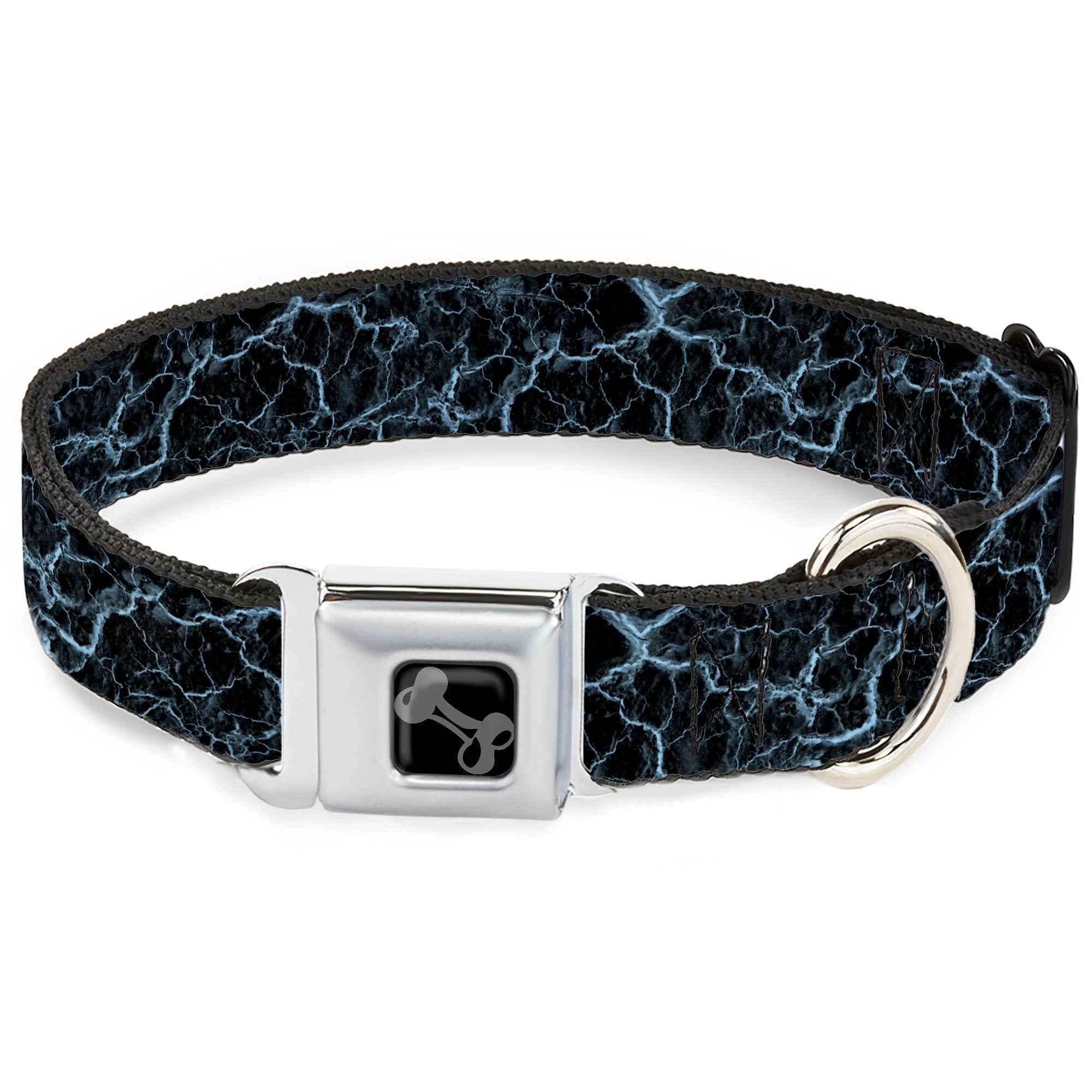 Buckle-Down Dog Bone Black/Silver Seatbelt Buckle Dog Collar - Marble Black/Baby Blue