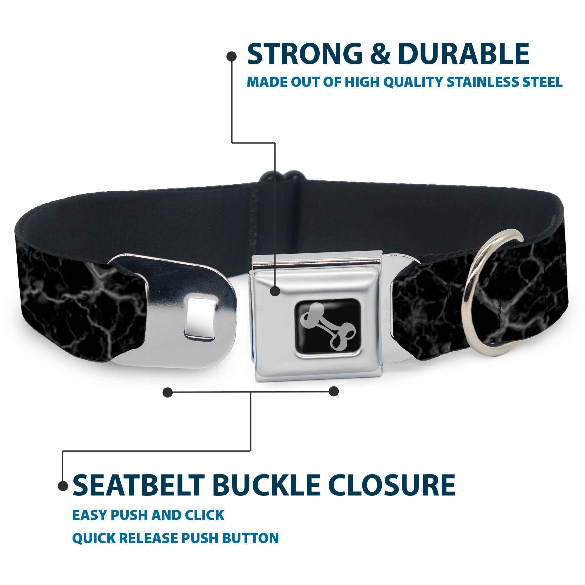 Buckle-Down Dog Bone Black/Silver Seatbelt Buckle Dog Collar - Marble Black/Charcoal Gray