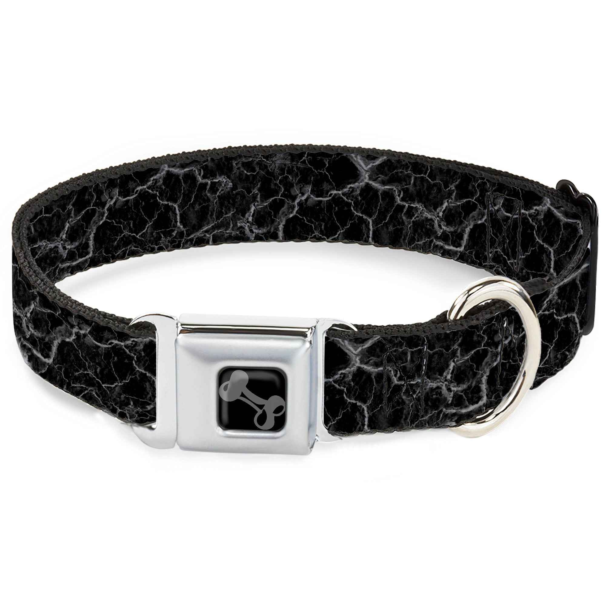 Buckle-Down Dog Bone Black/Silver Seatbelt Buckle Dog Collar - Marble Black/Charcoal Gray