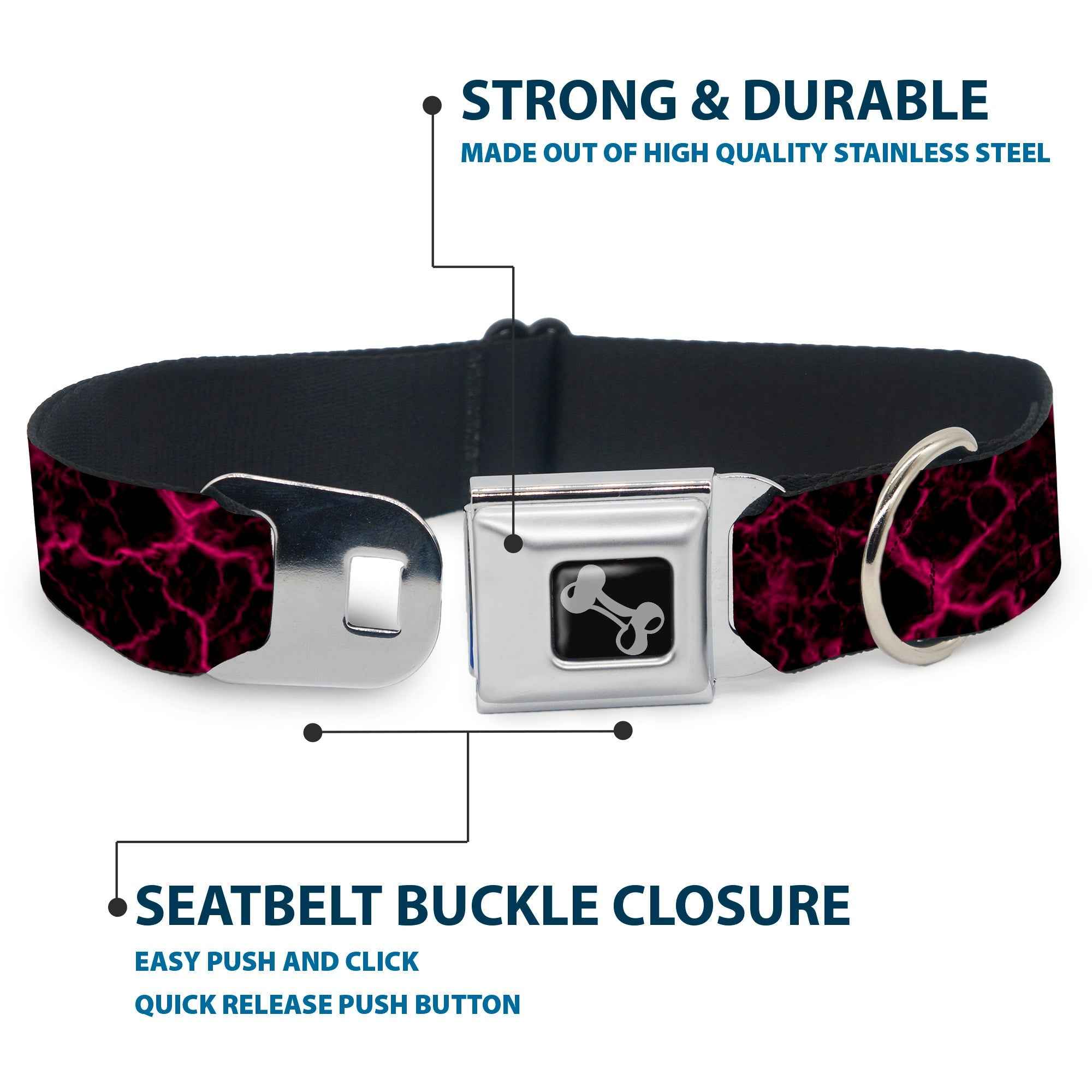 Buckle-Down Dog Bone Black/Silver Seatbelt Buckle Dog Collar - Marble Black/Hot Pink