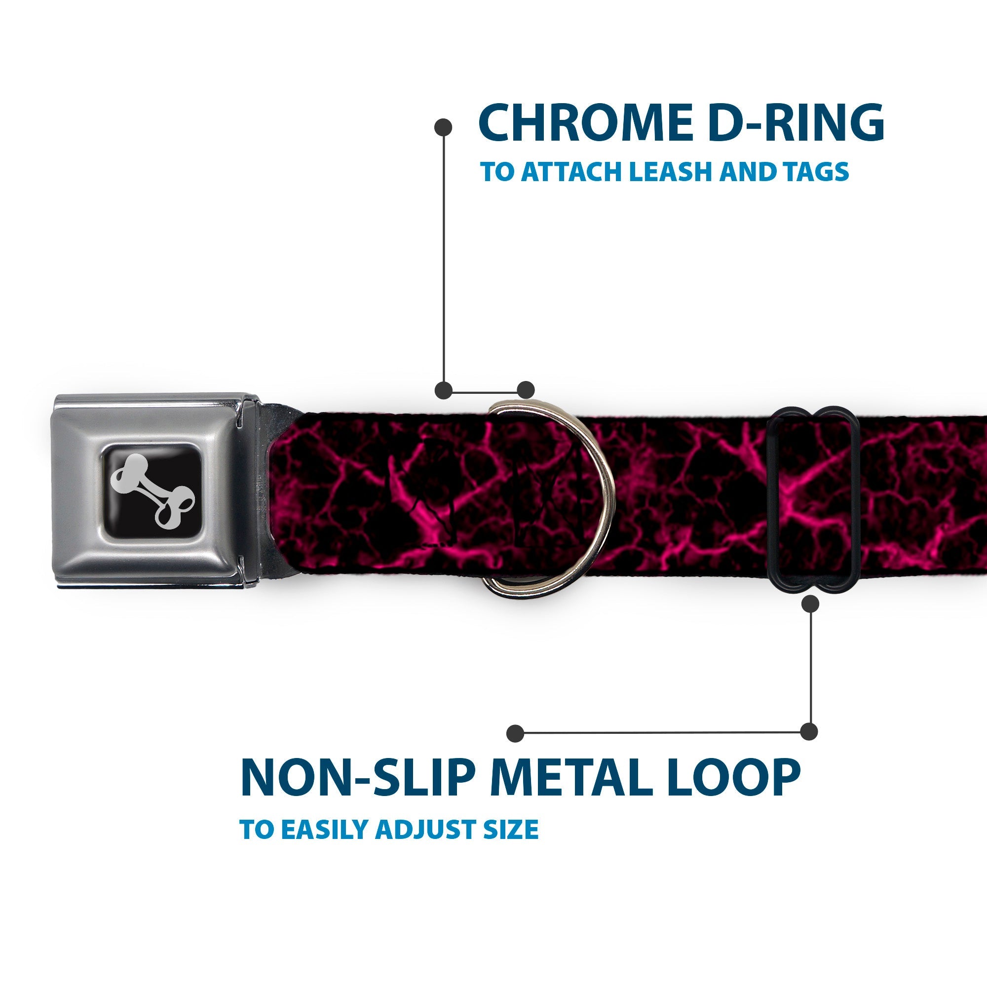 Buckle-Down Dog Bone Black/Silver Seatbelt Buckle Dog Collar - Marble Black/Hot Pink