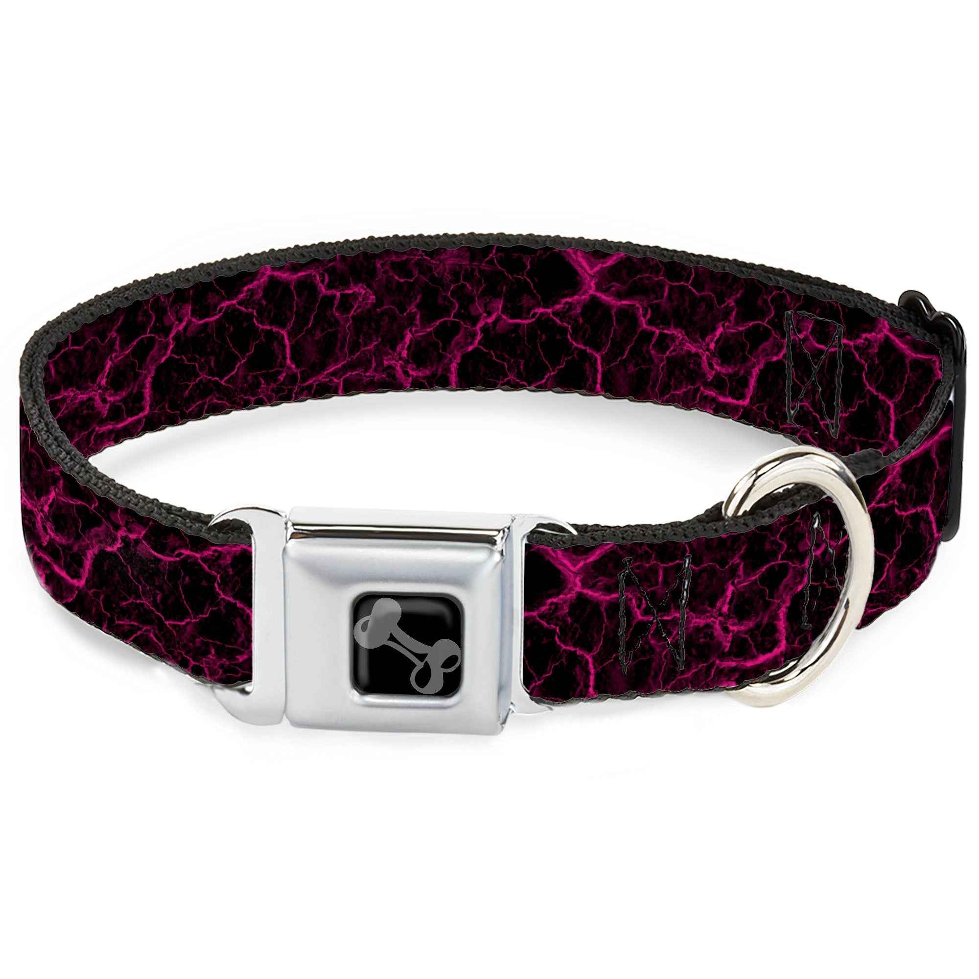 Buckle-Down Dog Bone Black/Silver Seatbelt Buckle Dog Collar - Marble Black/Hot Pink