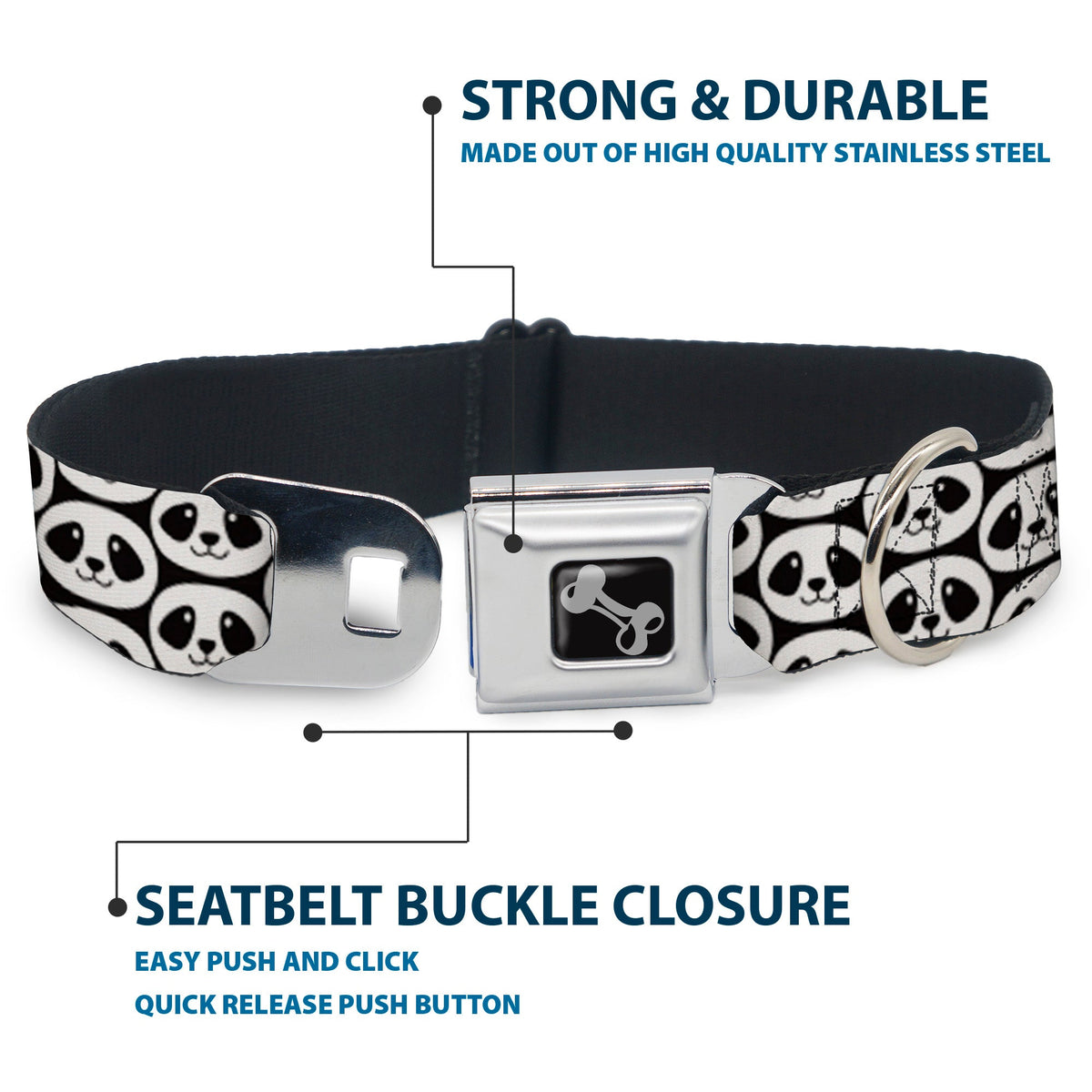 Dog Bone Seatbelt Buckle Collar - Smiling Panda Repeat Black/White