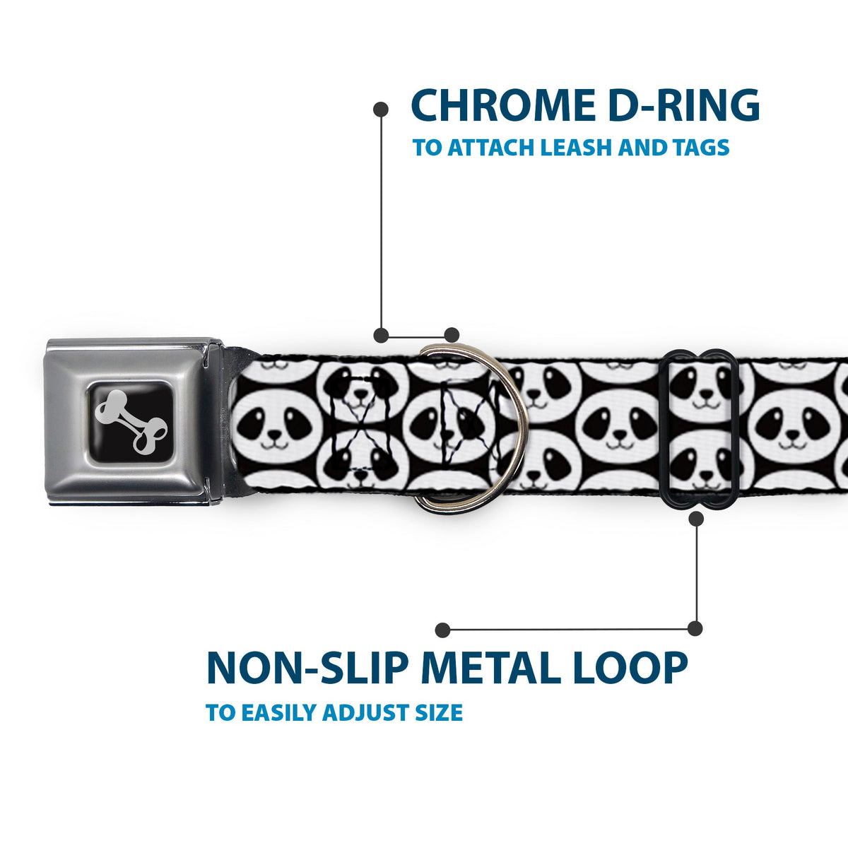 Dog Bone Seatbelt Buckle Collar - Smiling Panda Repeat Black/White