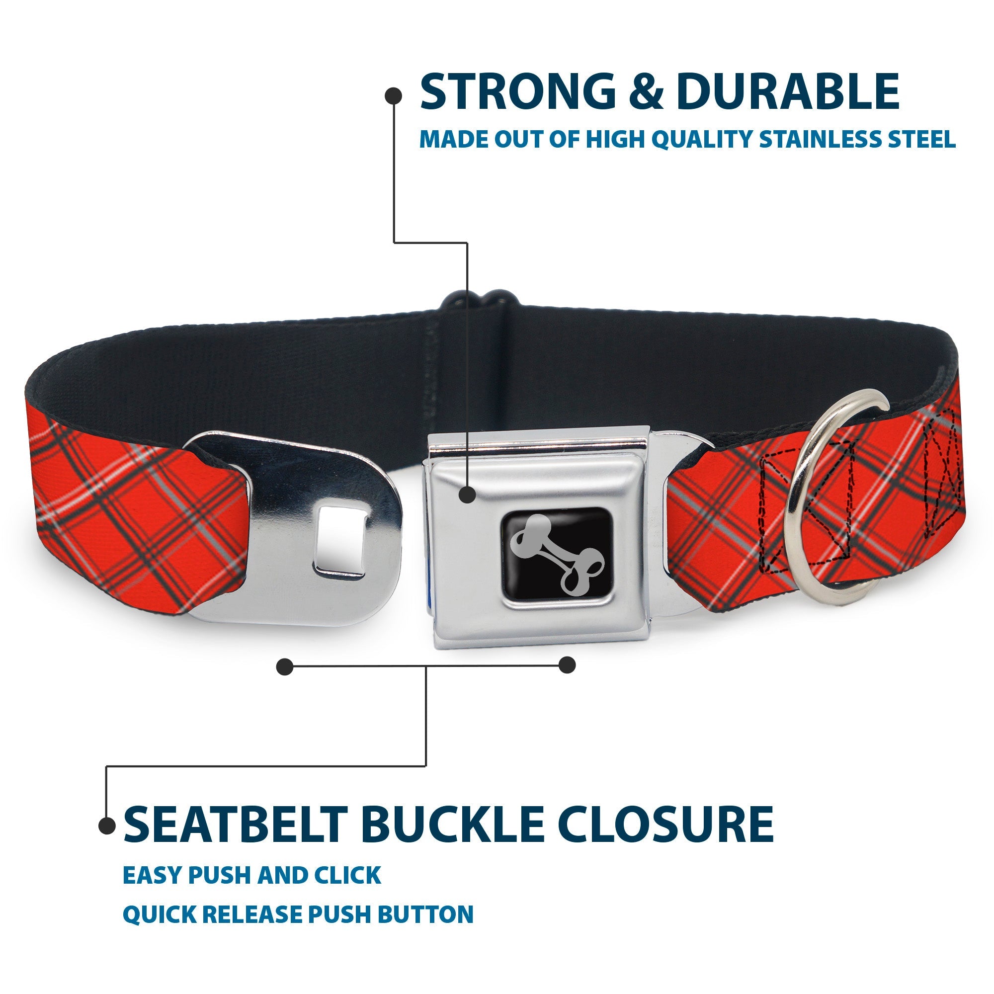 Dog Bone Seatbelt Buckle Collar - Plaid X Orange/Gray