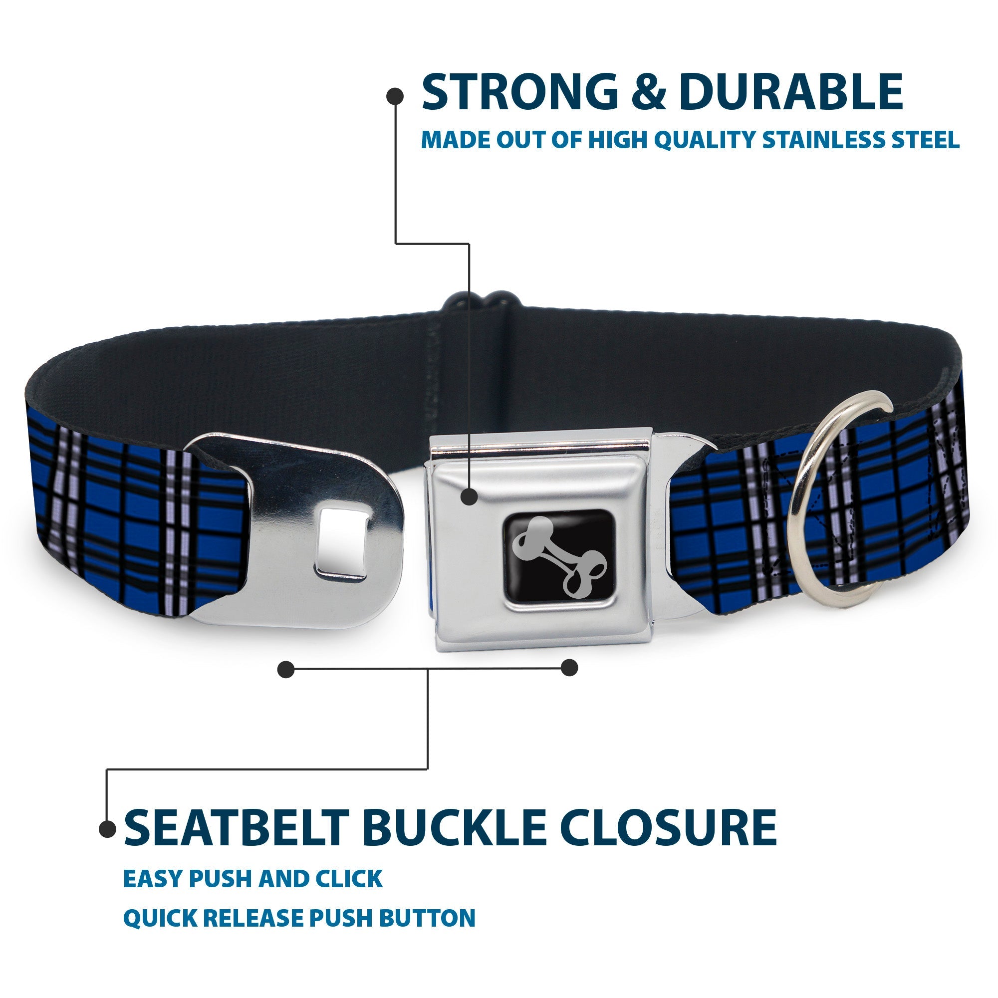 Dog Bone Seatbelt Buckle Collar - Plaid Navy