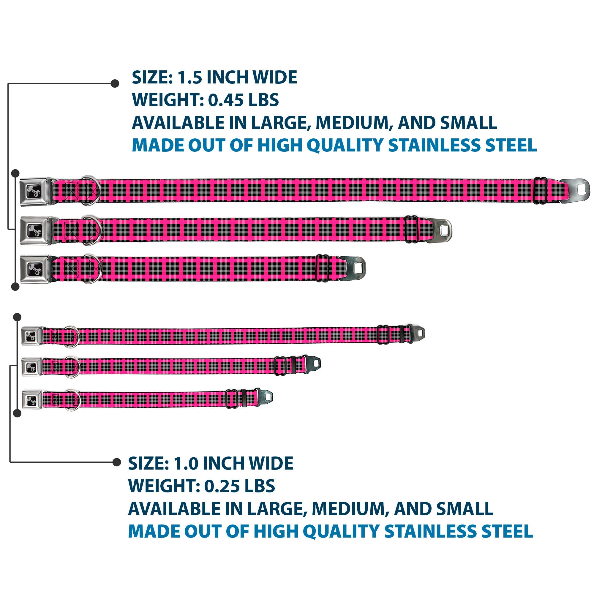 Dog Bone Seatbelt Buckle Collar - Plaid Black/Gray/Fuchsia