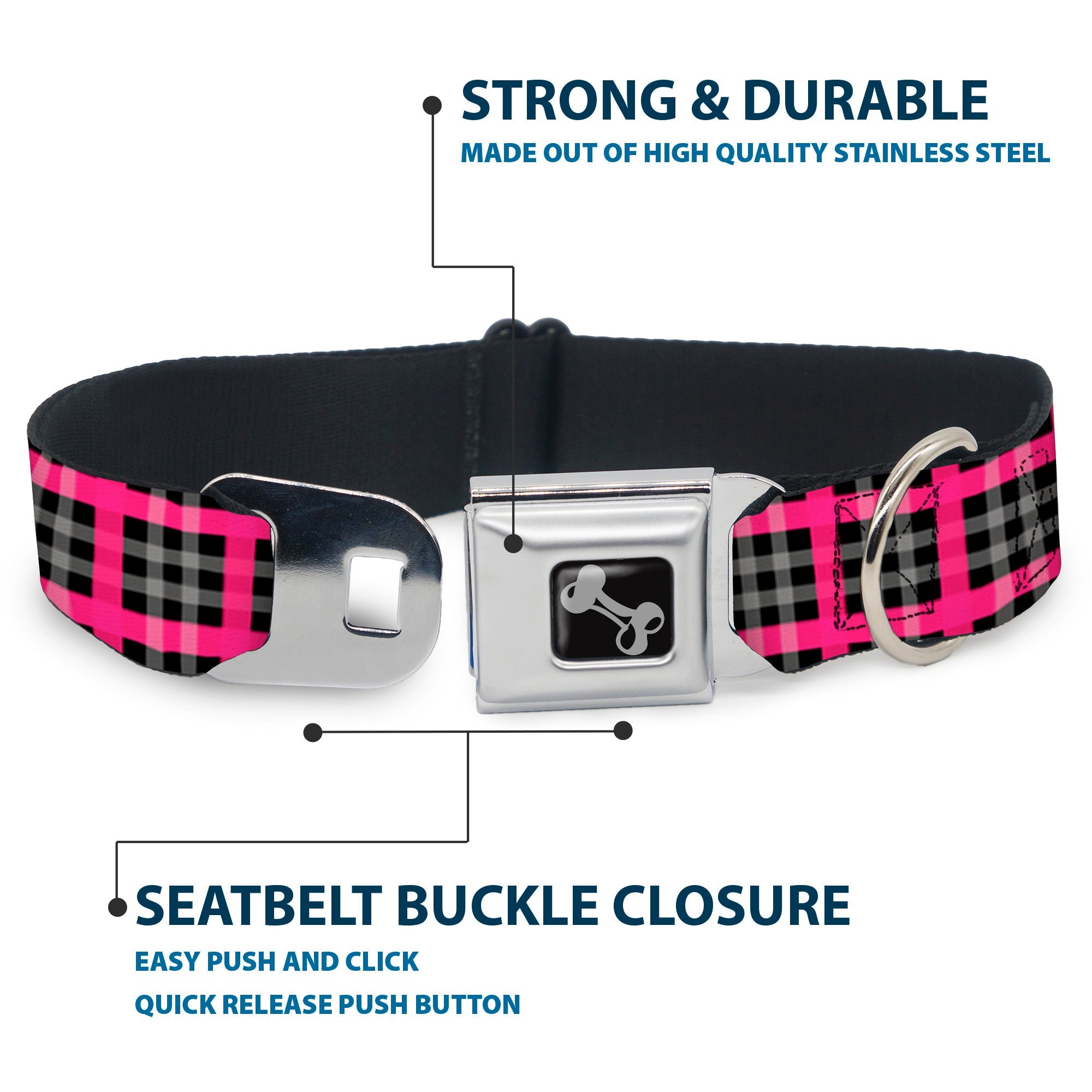 Dog Bone Seatbelt Buckle Collar - Plaid Black/Gray/Fuchsia