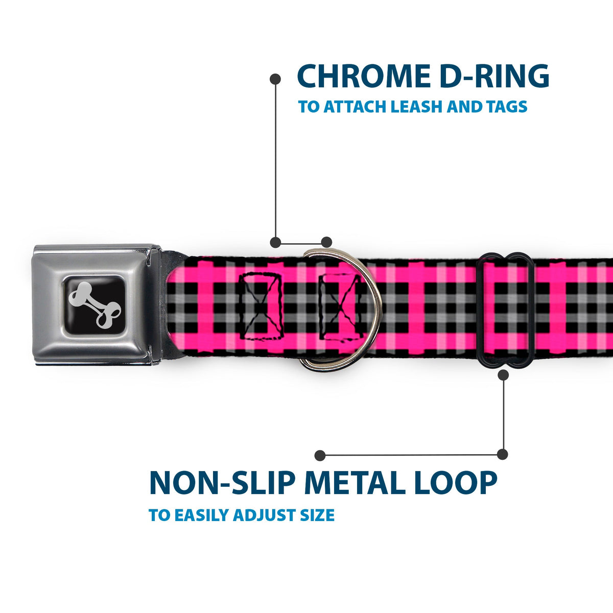 Dog Bone Seatbelt Buckle Collar - Plaid Black/Gray/Fuchsia