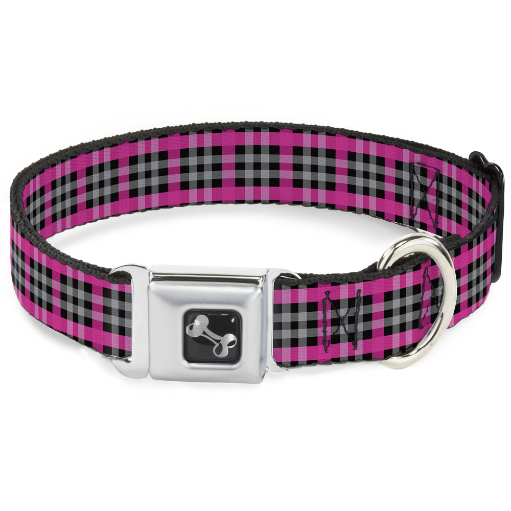 Dog Bone Seatbelt Buckle Collar - Plaid Black/Gray/Fuchsia