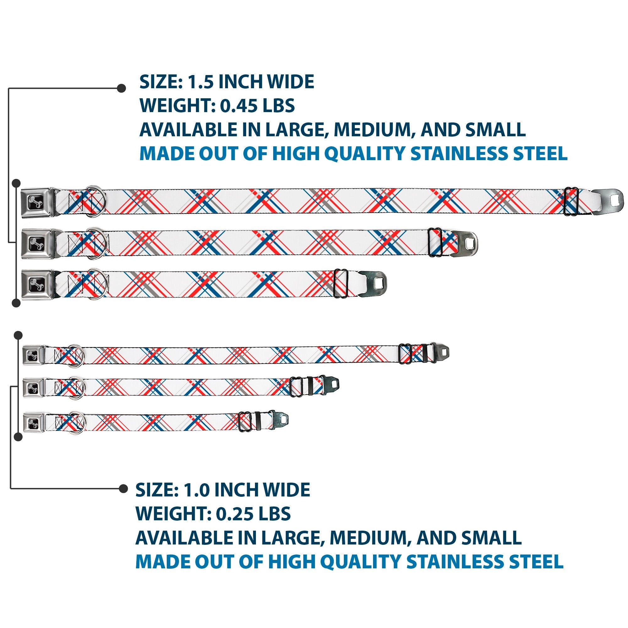 Dog Bone Seatbelt Buckle Collar - Plaid X White/Red/Turquoise/Gray