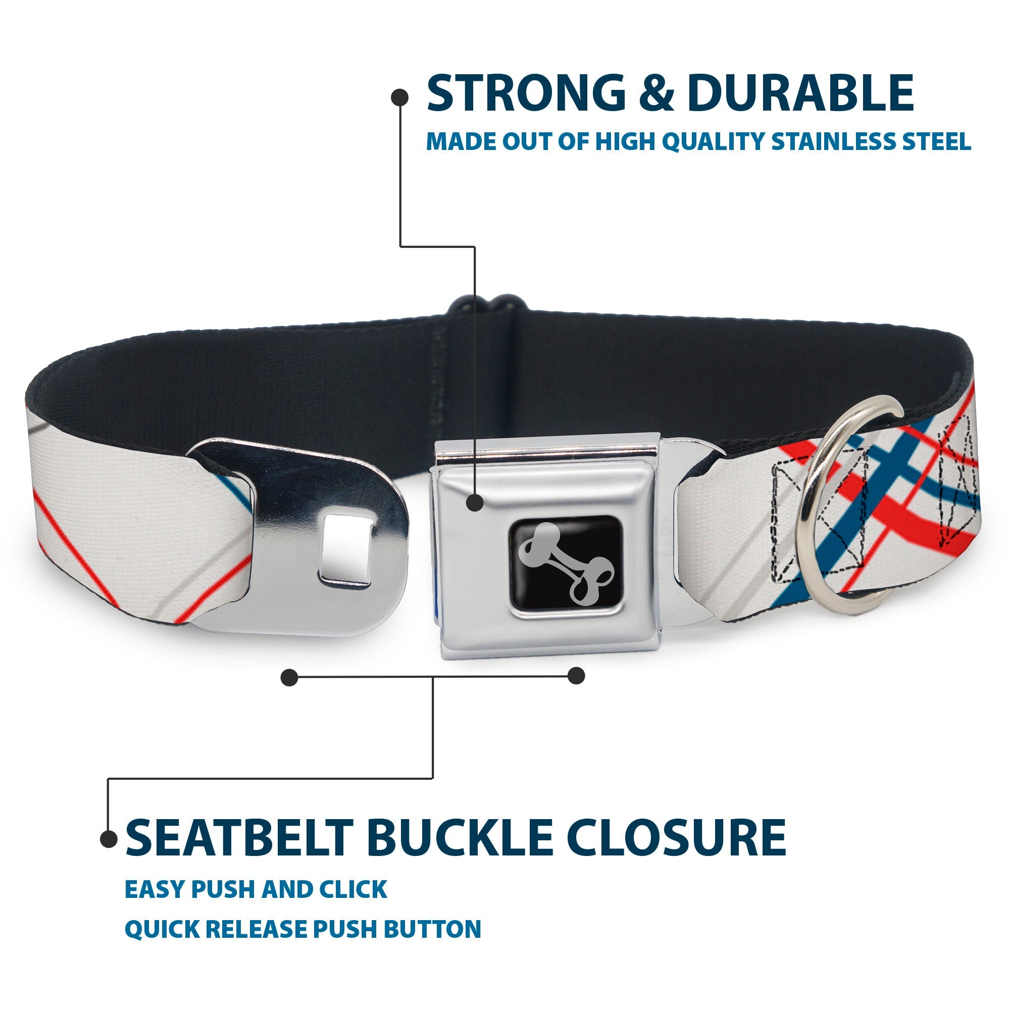 Dog Bone Seatbelt Buckle Collar - Plaid X White/Red/Turquoise/Gray