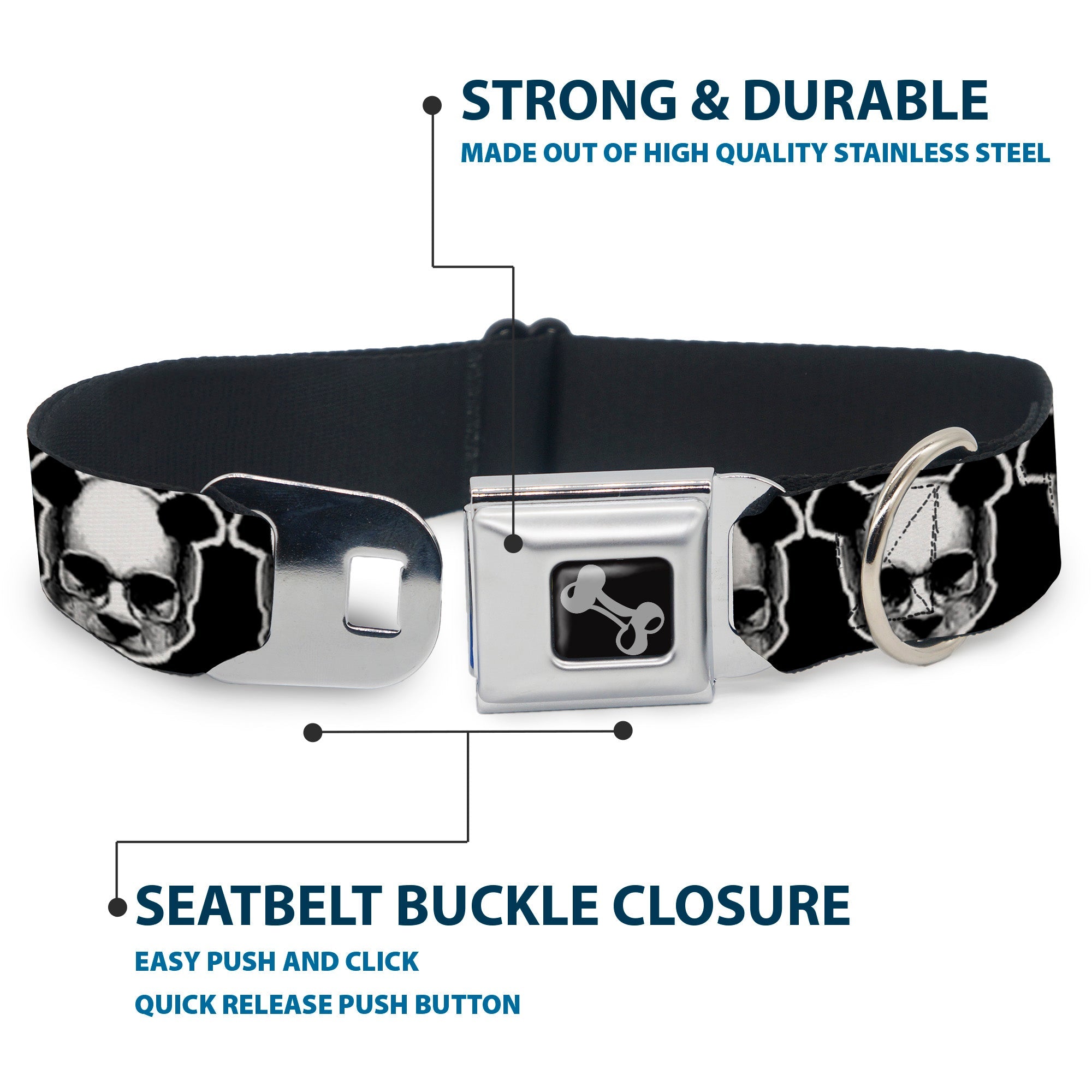 Dog Bone Seatbelt Buckle Collar - Panda Skulls