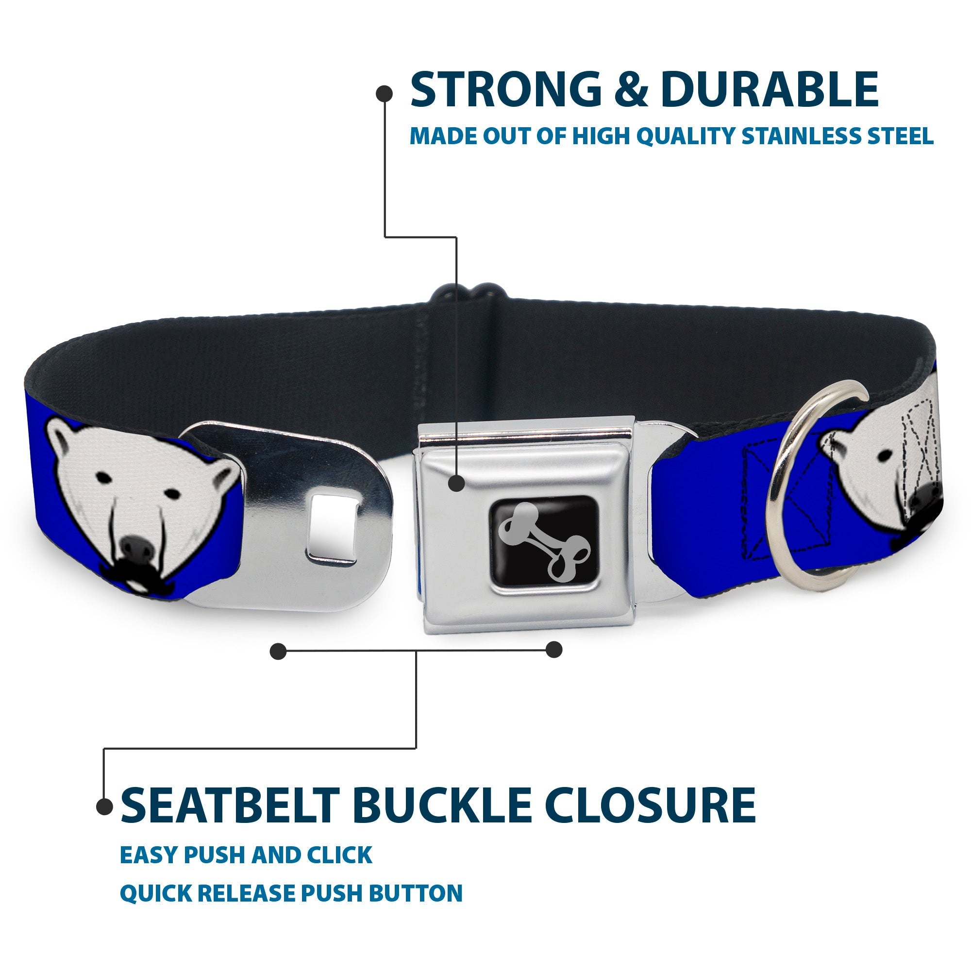 Dog Bone Seatbelt Buckle Collar - Polar Bear w/Mustache Royal
