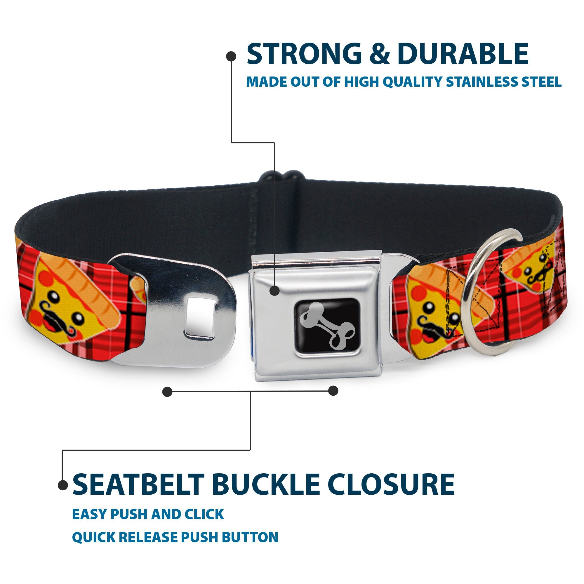 Dog Bone Seatbelt Buckle Collar - Pizza Man Plaid Red