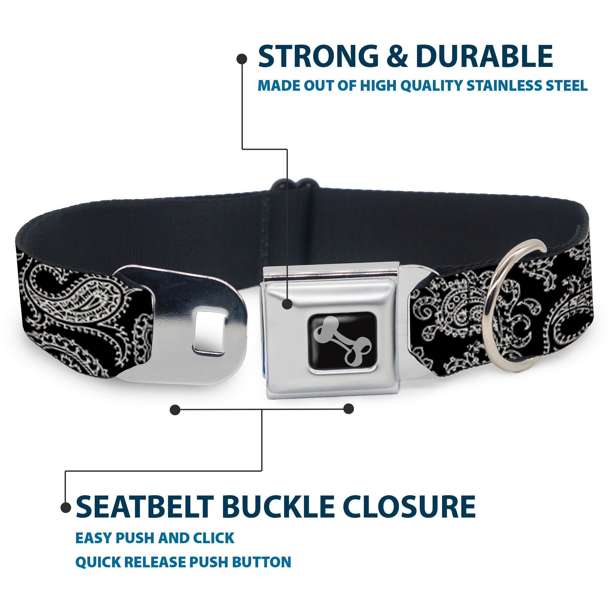 Dog Bone Seatbelt Buckle Collar - Paisley2 Black/White