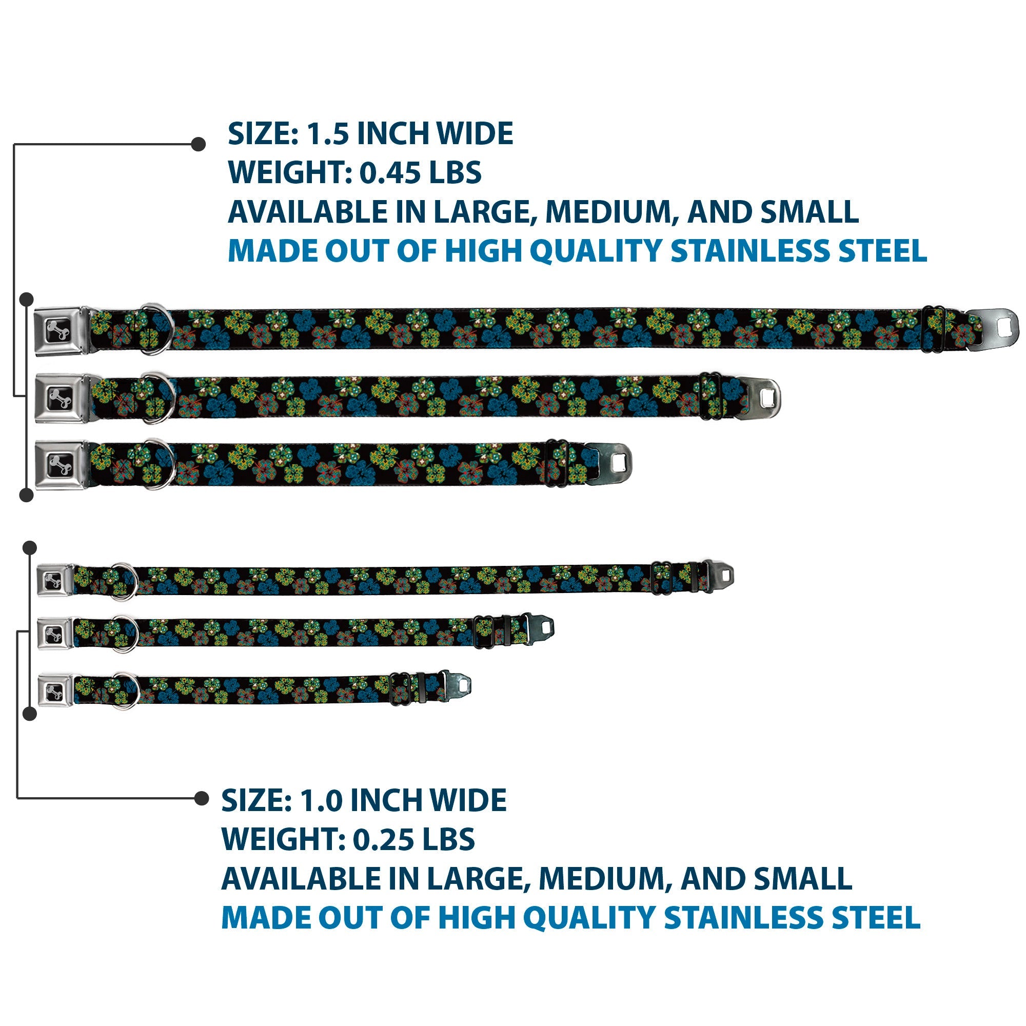 Dog Bone Seatbelt Buckle Collar - Pixilated Hibiscus Flowers Black/Multi Color