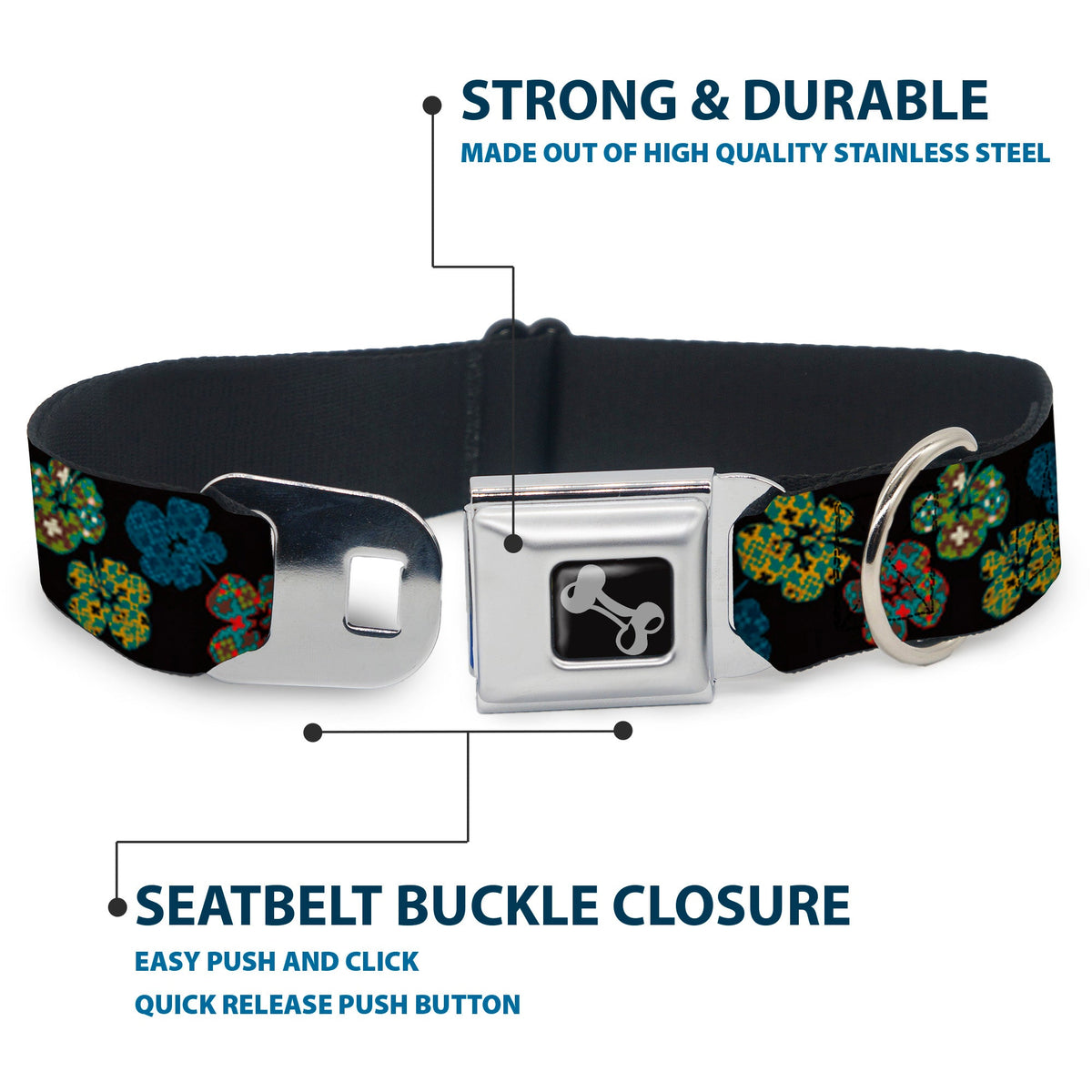 Dog Bone Seatbelt Buckle Collar - Pixilated Hibiscus Flowers Black/Multi Color