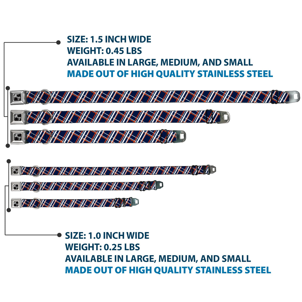Dog Bone Seatbelt Buckle Collar - Plaid X2 Navy/White/Orange