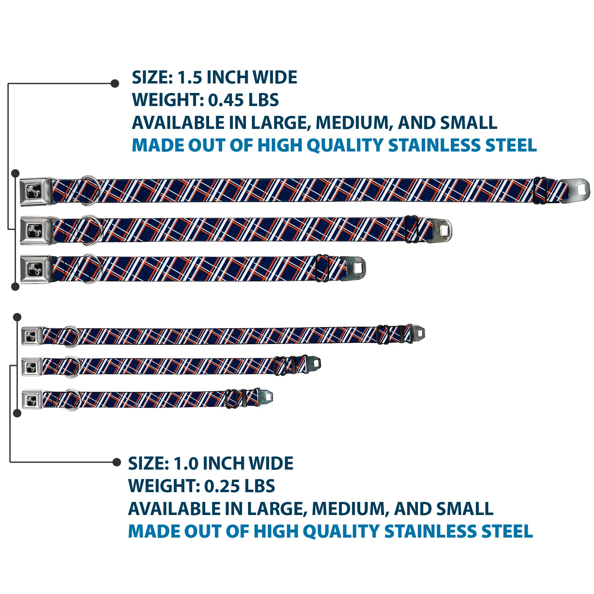 Dog Bone Seatbelt Buckle Collar - Plaid X2 Navy/White/Orange
