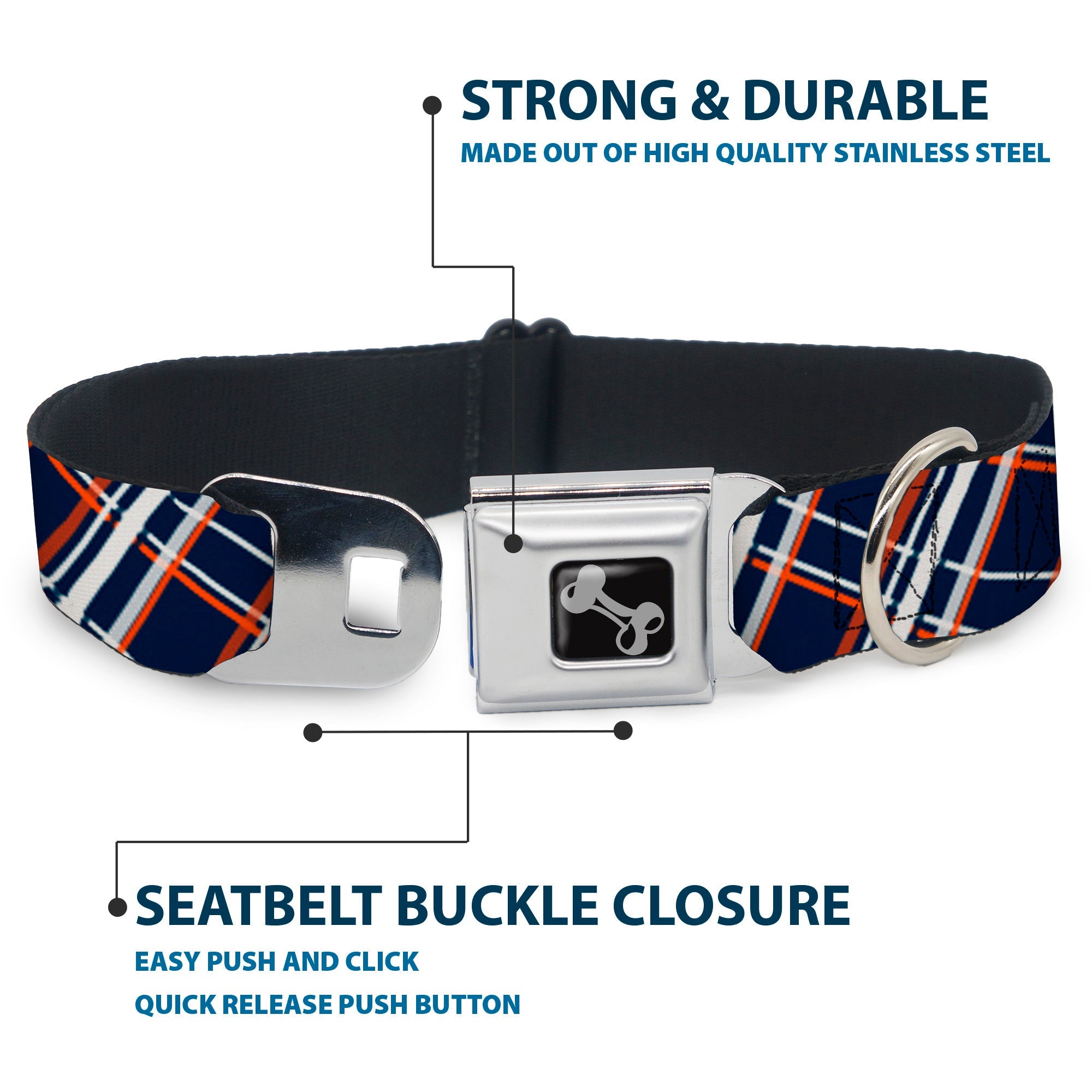 Dog Bone Seatbelt Buckle Collar - Plaid X2 Navy/White/Orange