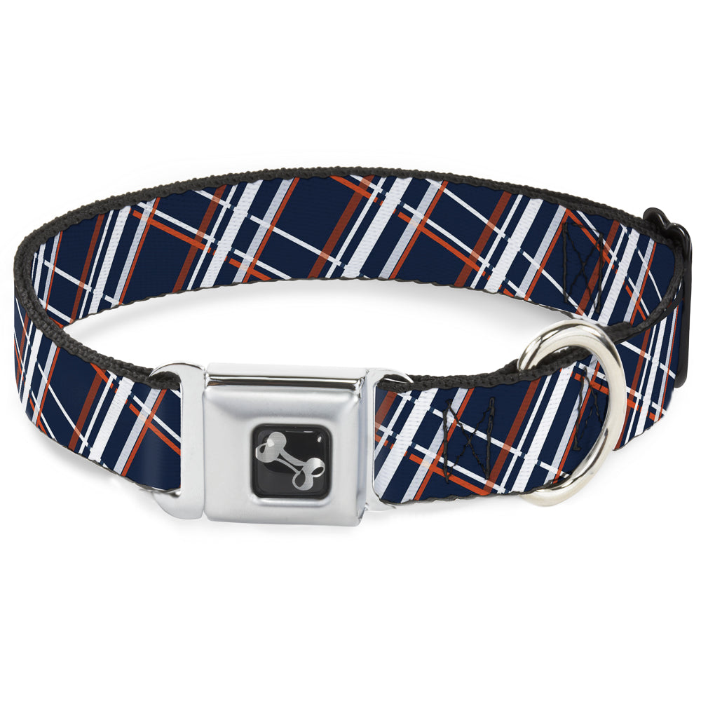 Dog Bone Seatbelt Buckle Collar - Plaid X2 Navy/White/Orange