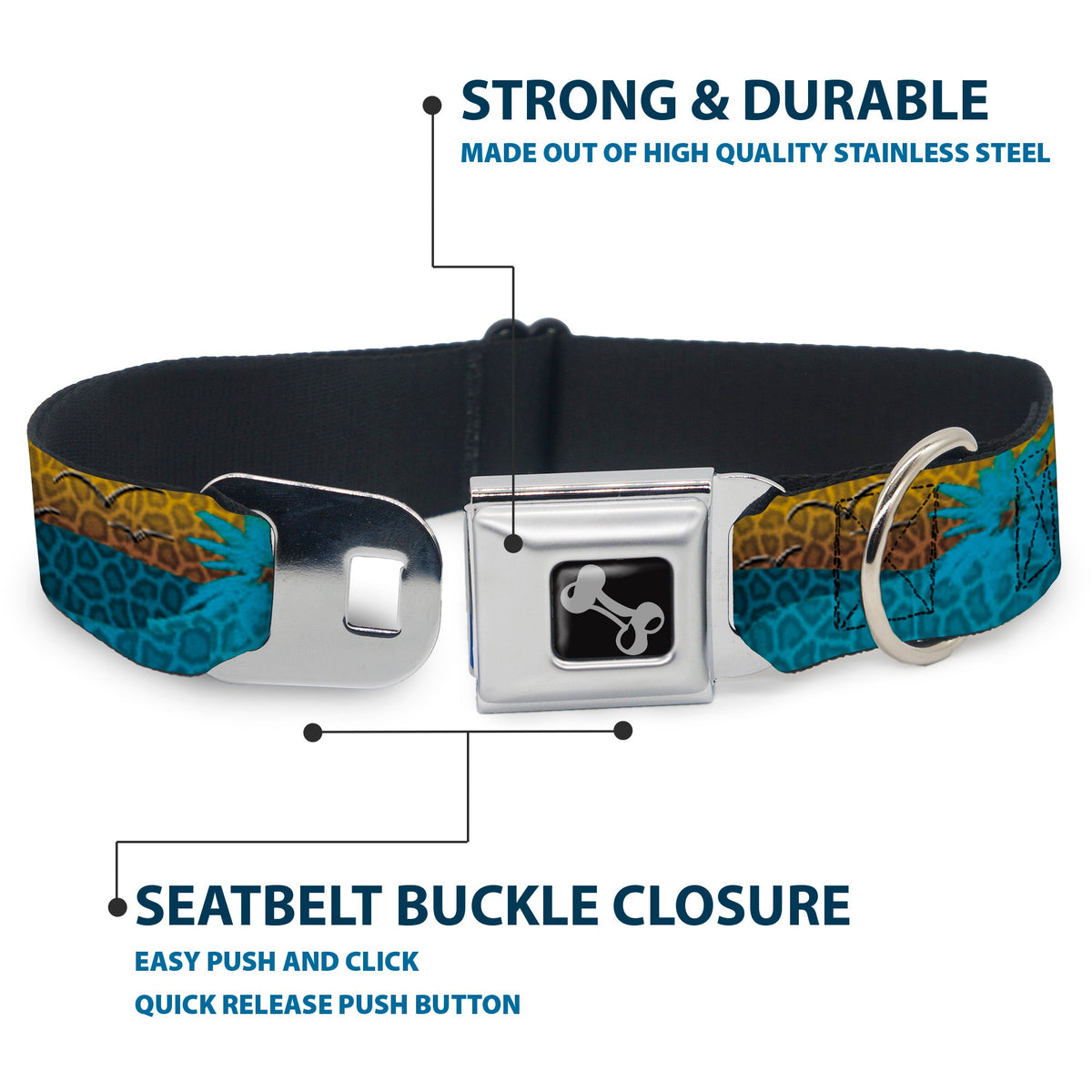 Dog Bone Seatbelt Buckle Collar - Palm Trees & Gulls Leopard Brown/Blue
