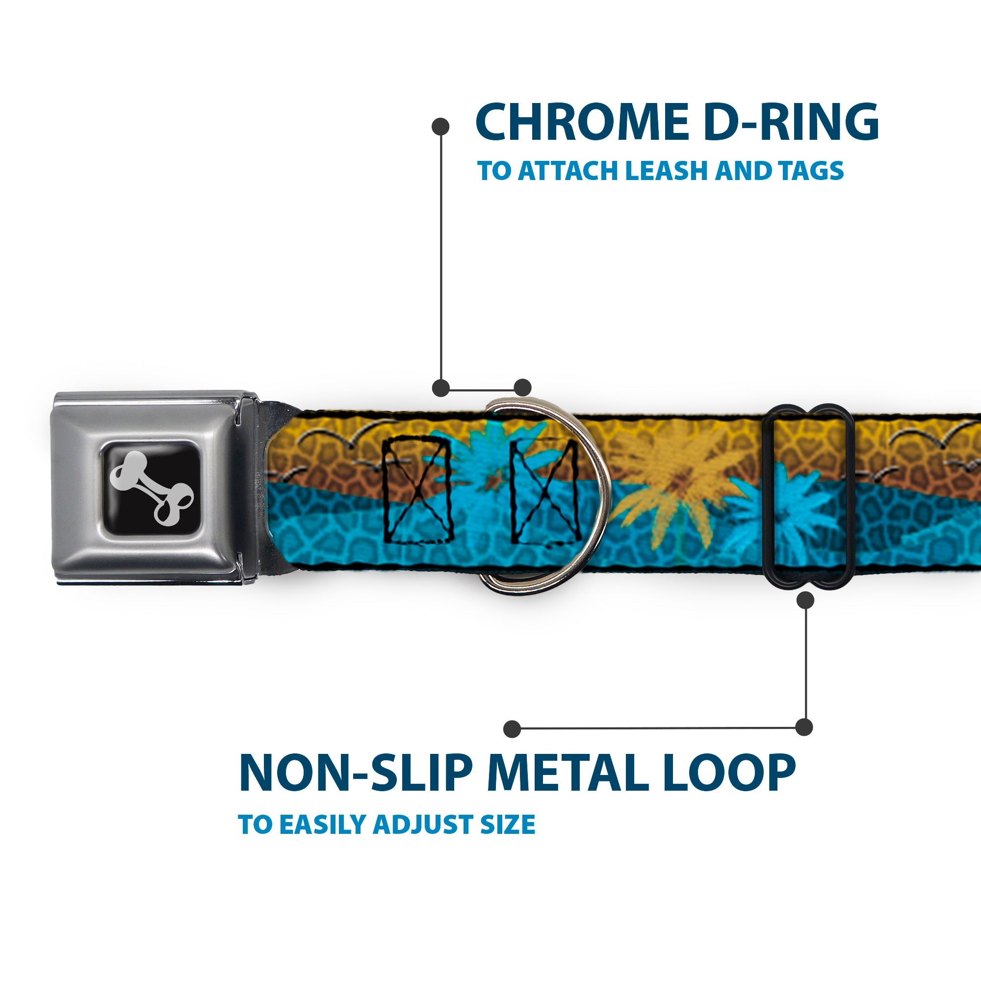 Dog Bone Seatbelt Buckle Collar - Palm Trees & Gulls Leopard Brown/Blue