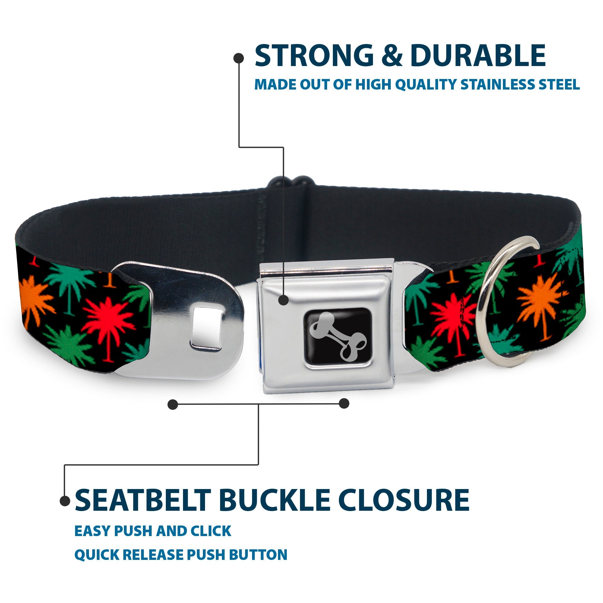 Dog Bone Seatbelt Buckle Collar - Palm Trees Black/Multi Color