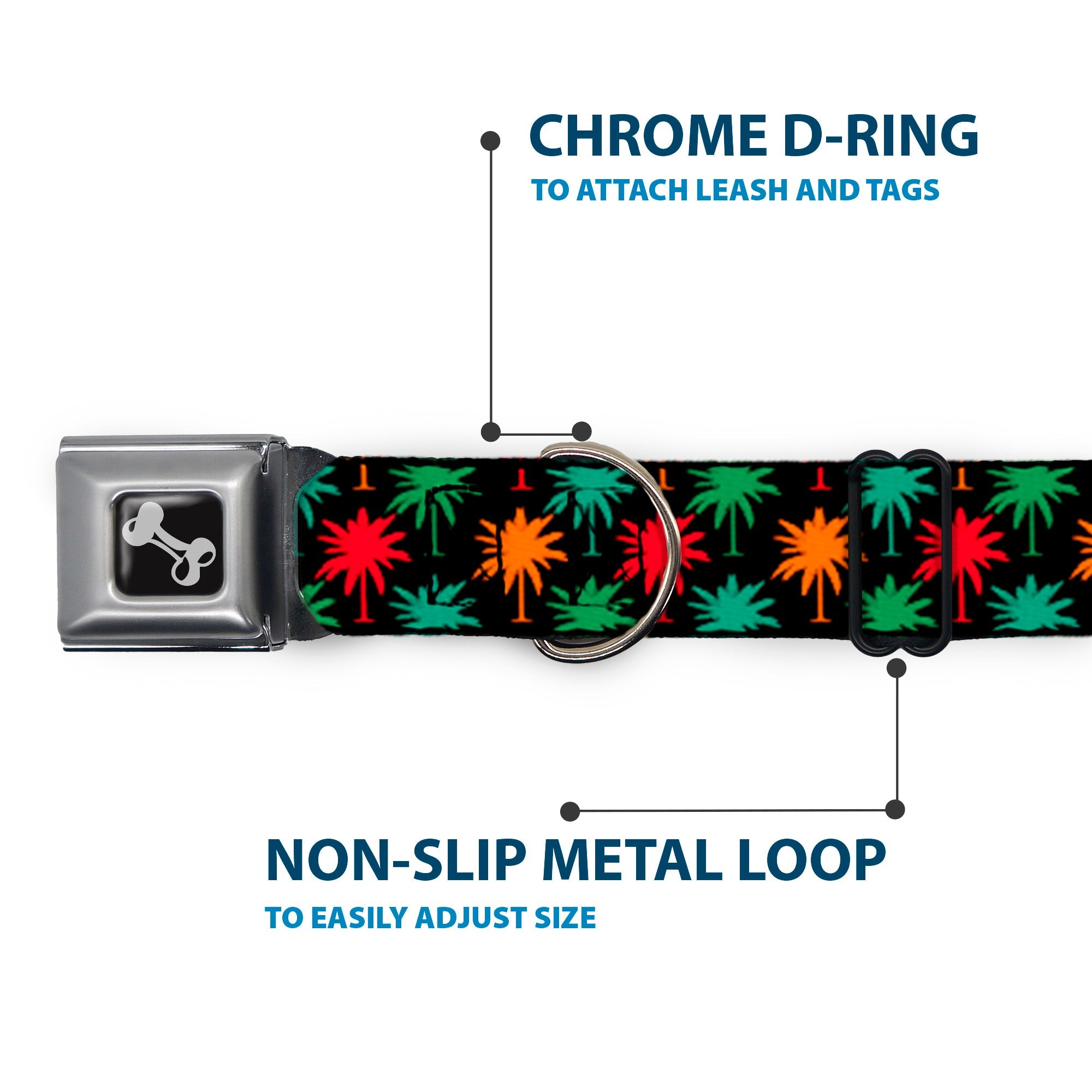 Dog Bone Seatbelt Buckle Collar - Palm Trees Black/Multi Color