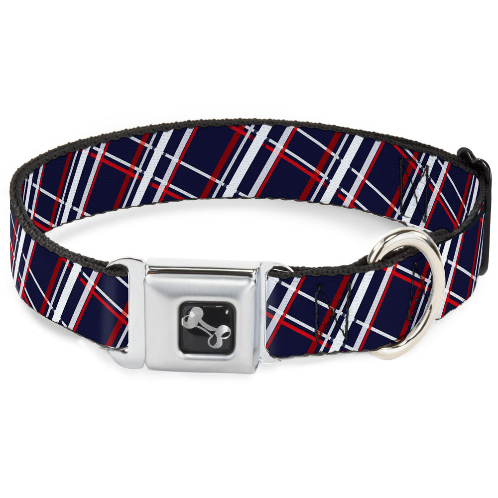 Dog Bone Seatbelt Buckle Collar - Plaid X Blue/White/Red