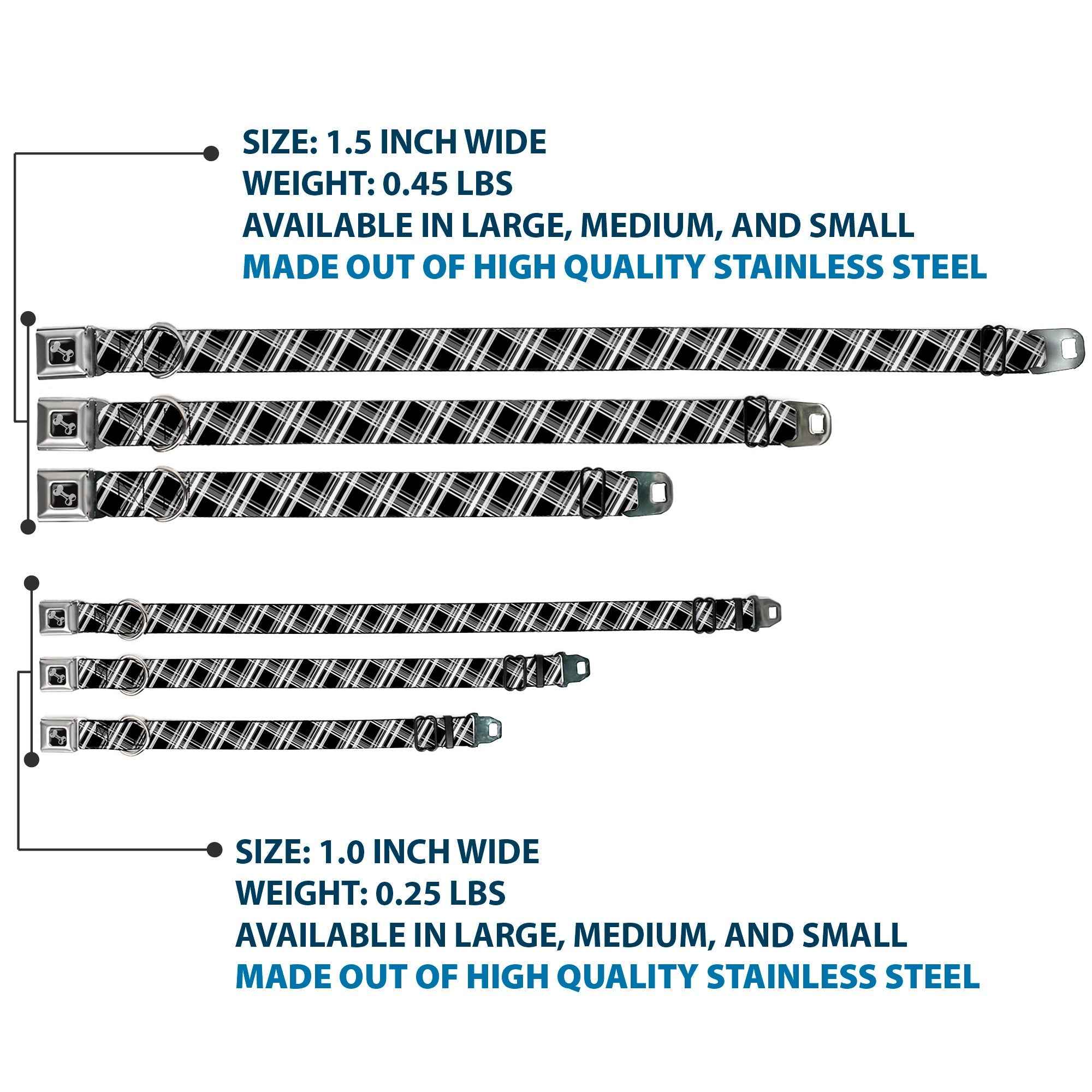 Buckle-Down Plaid X2 Black/Grays/White Seatbelt Buckle Dog Collar
