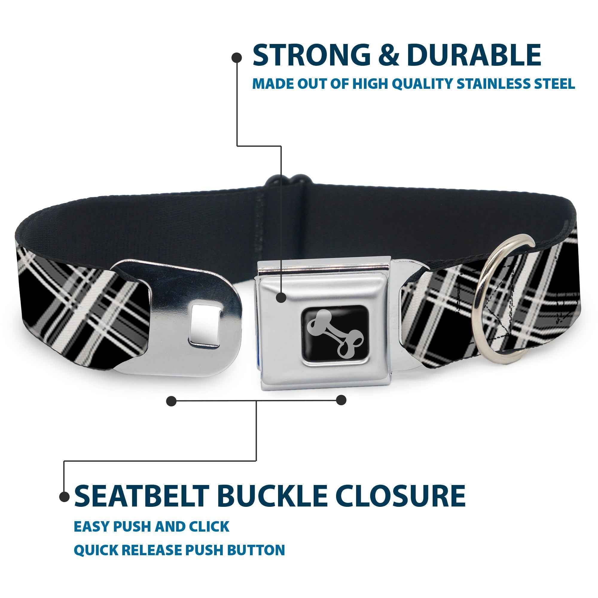 Buckle-Down Plaid X2 Black/Grays/White Seatbelt Buckle Dog Collar