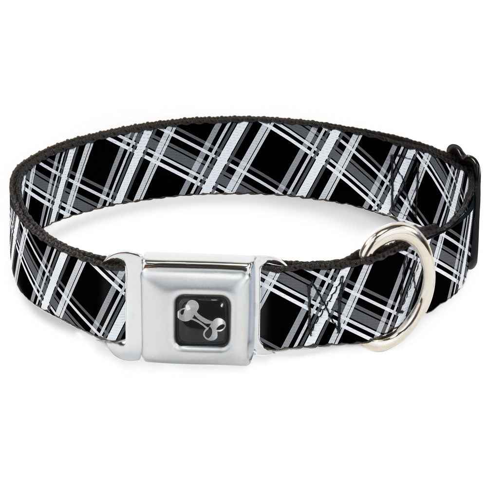 Buckle-Down Plaid X2 Black/Grays/White Seatbelt Buckle Dog Collar