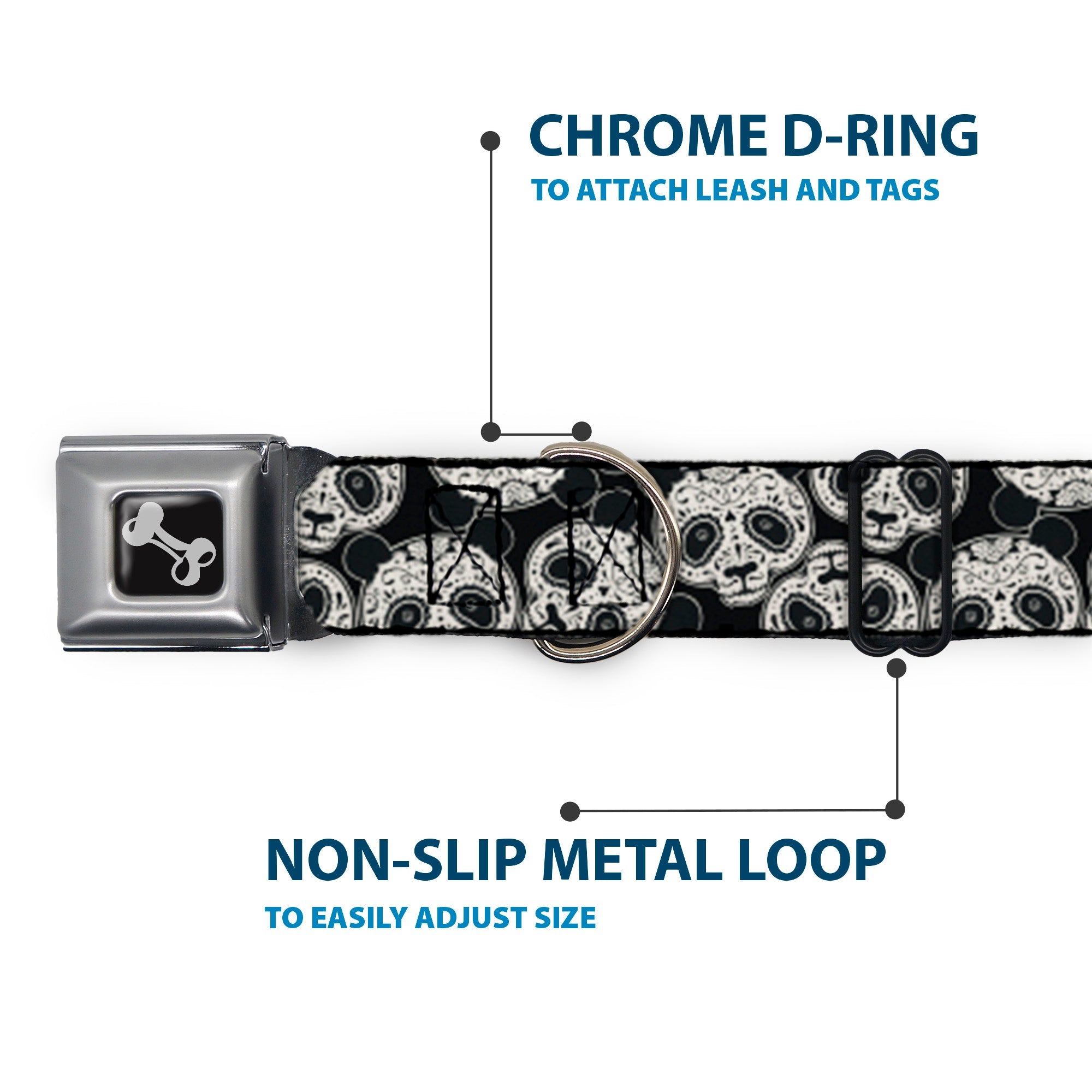 Dog Bone Seatbelt Buckle Collar - Panda Bear Sugar Skull Scattered Black/White