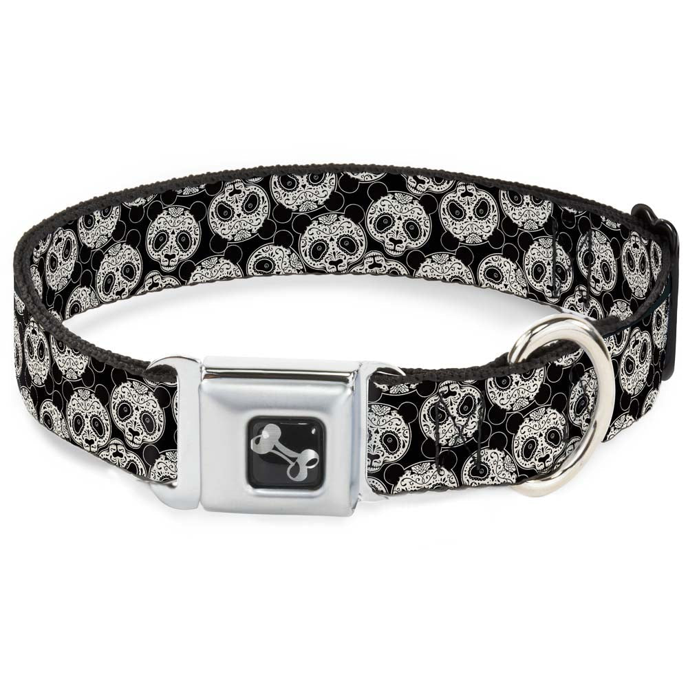 Dog Bone Seatbelt Buckle Collar - Panda Bear Sugar Skull Scattered Black/White