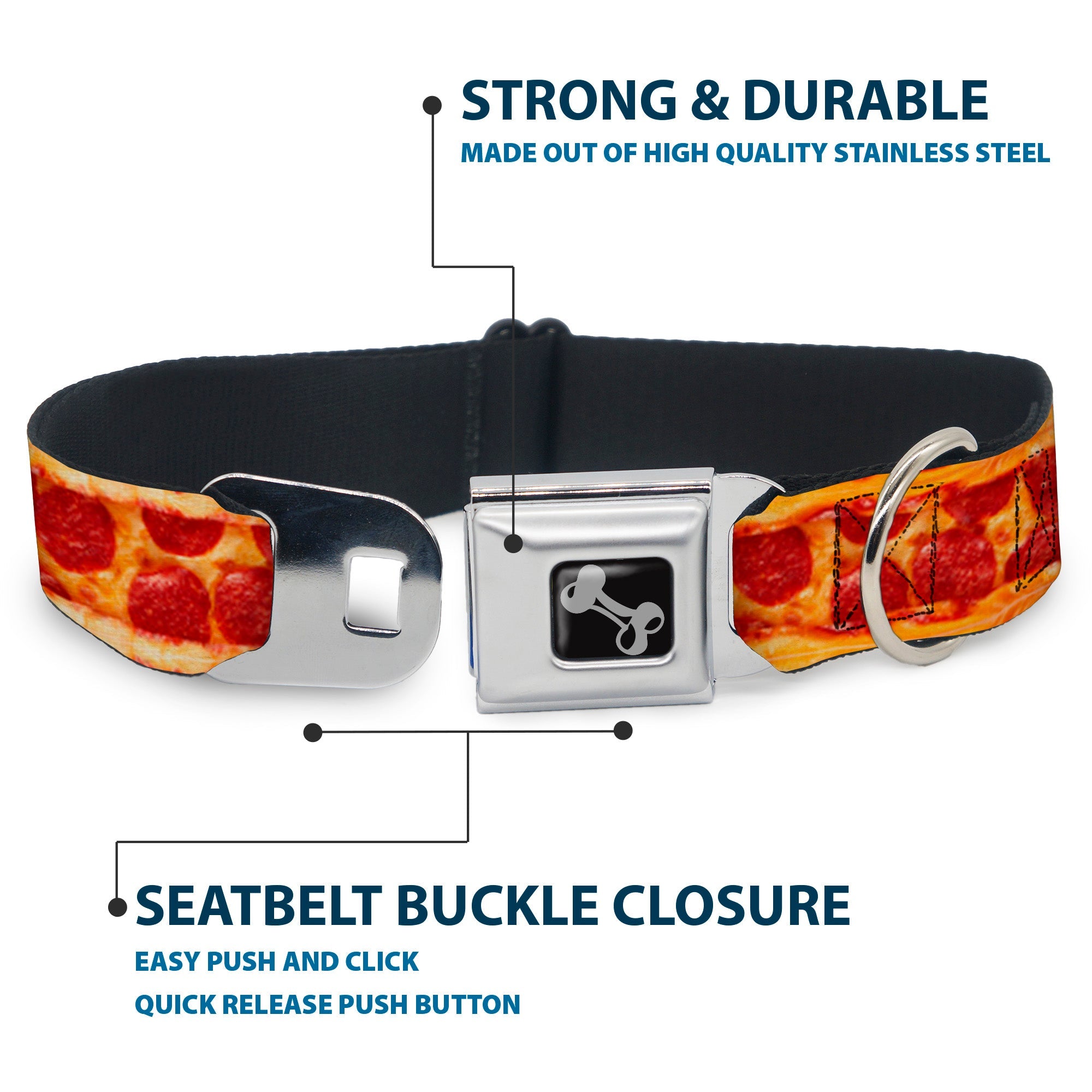 Dog Bone Seatbelt Buckle Collar - Pepperoni Pizza w/Crust Vivid