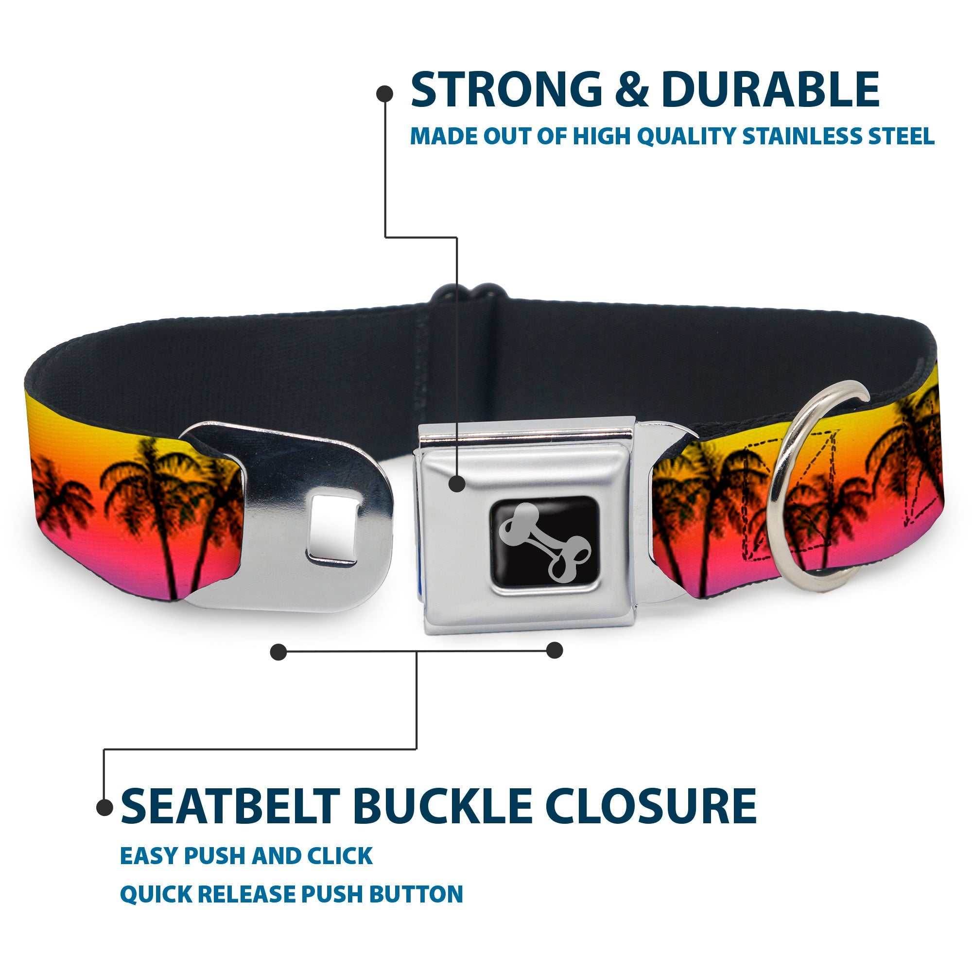 Dog Bone Seatbelt Buckle Collar - Palm Trees Sunset Fade/Black