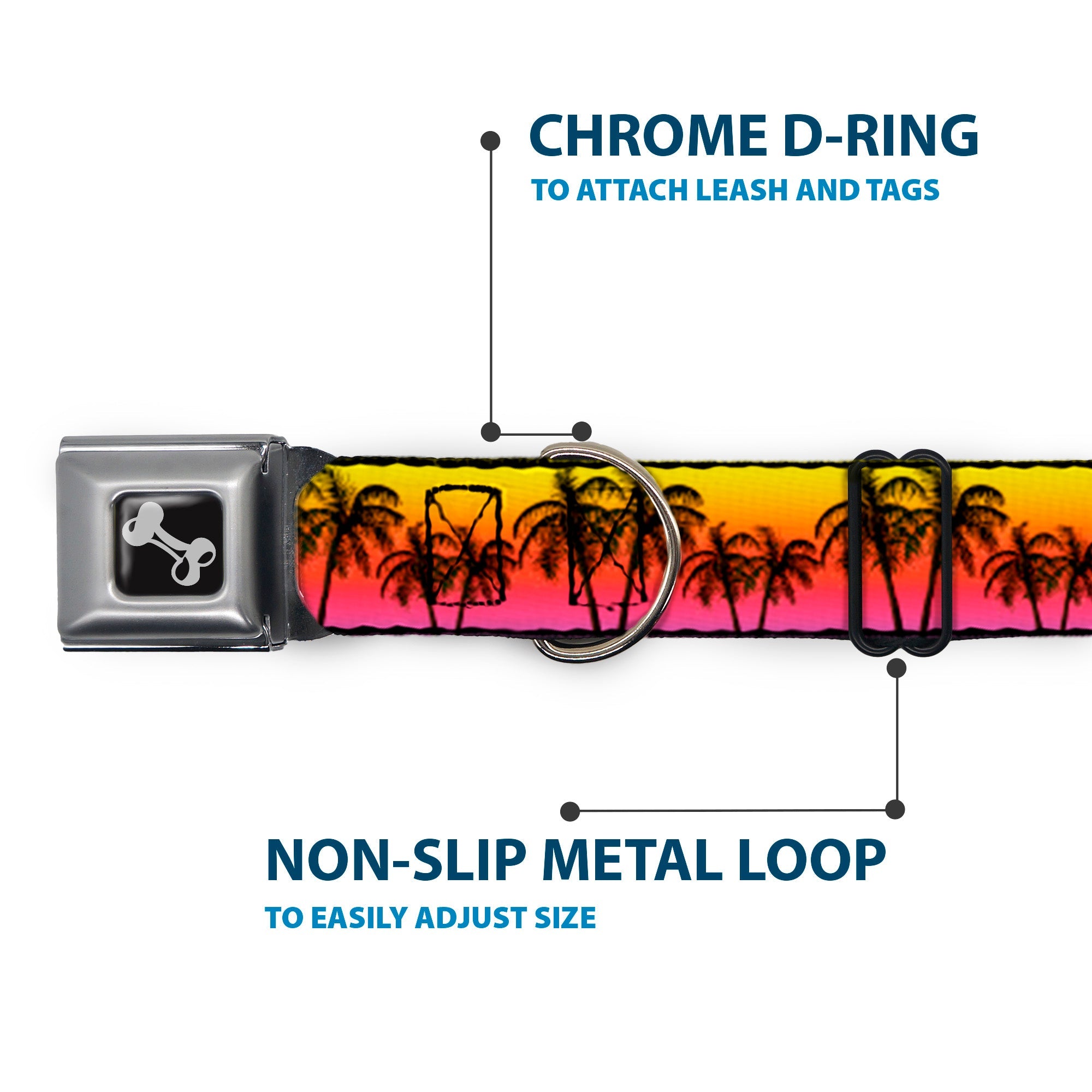 Dog Bone Seatbelt Buckle Collar - Palm Trees Sunset Fade/Black